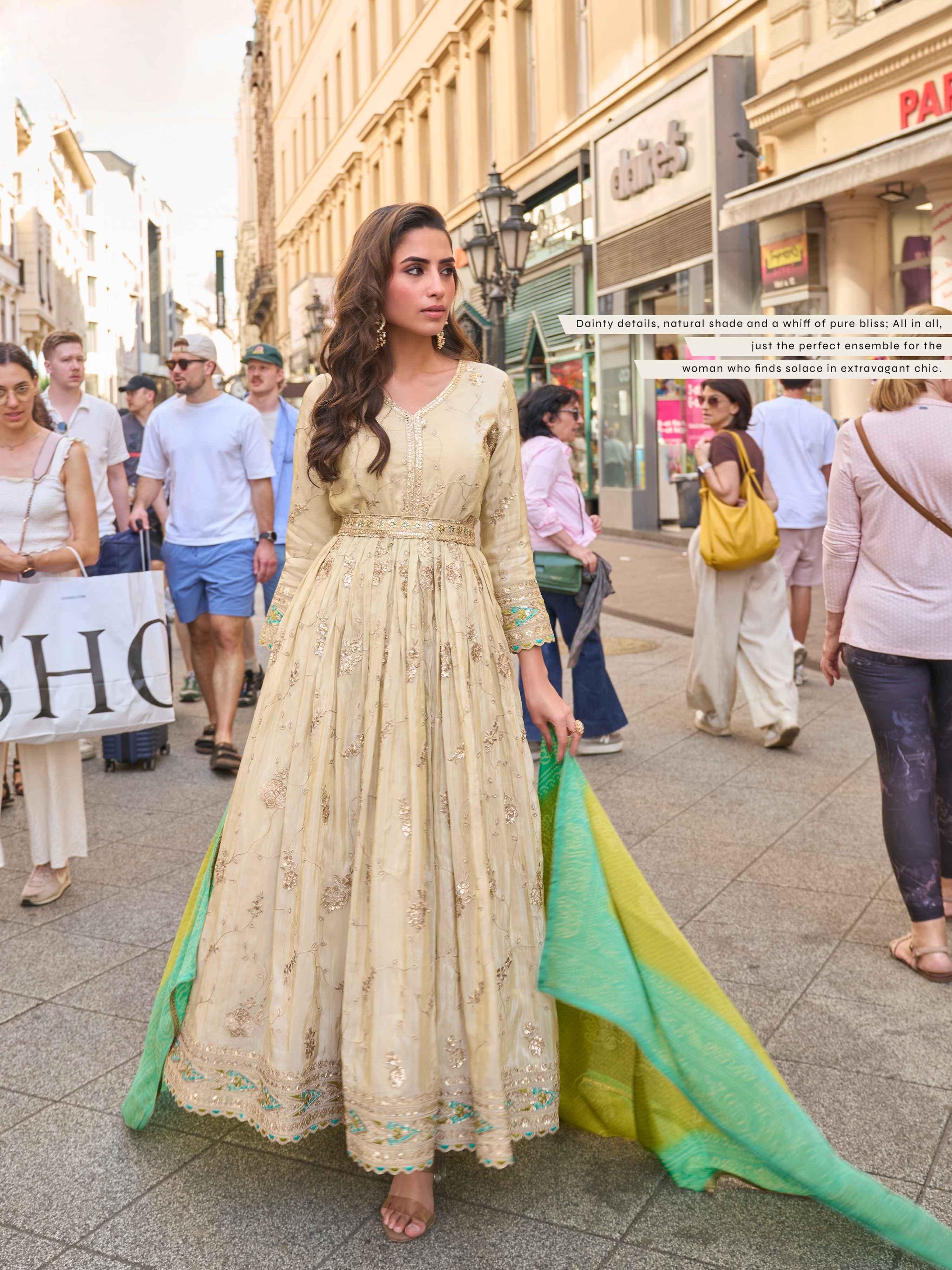 Gold Cream Real Simar Silk Heavy Embroidered Gown