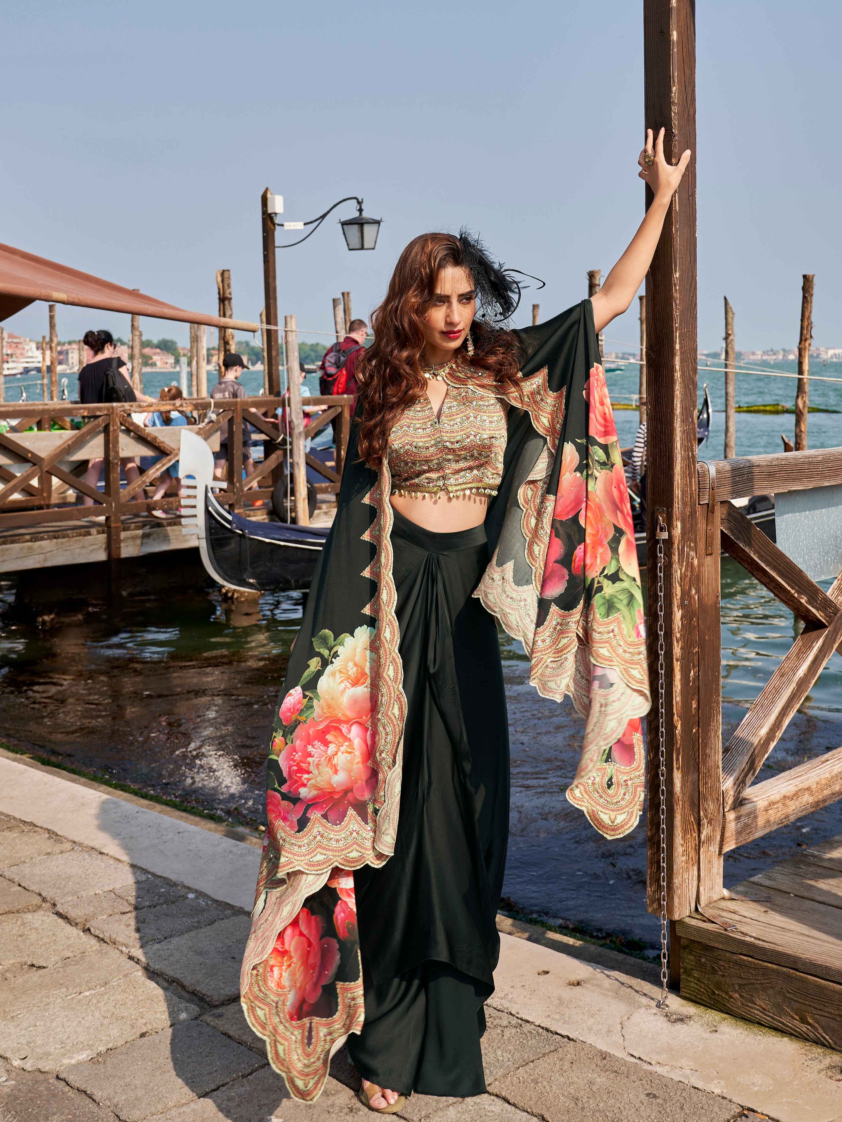 Black French Crepe Silk Designer Dhoti Set with Embroidered Blouse