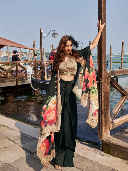 Black French Crepe Silk Designer Dhoti Set with Embroidered Blouse Dhoti Set Anant Tex Exports Pvt.Ltd..