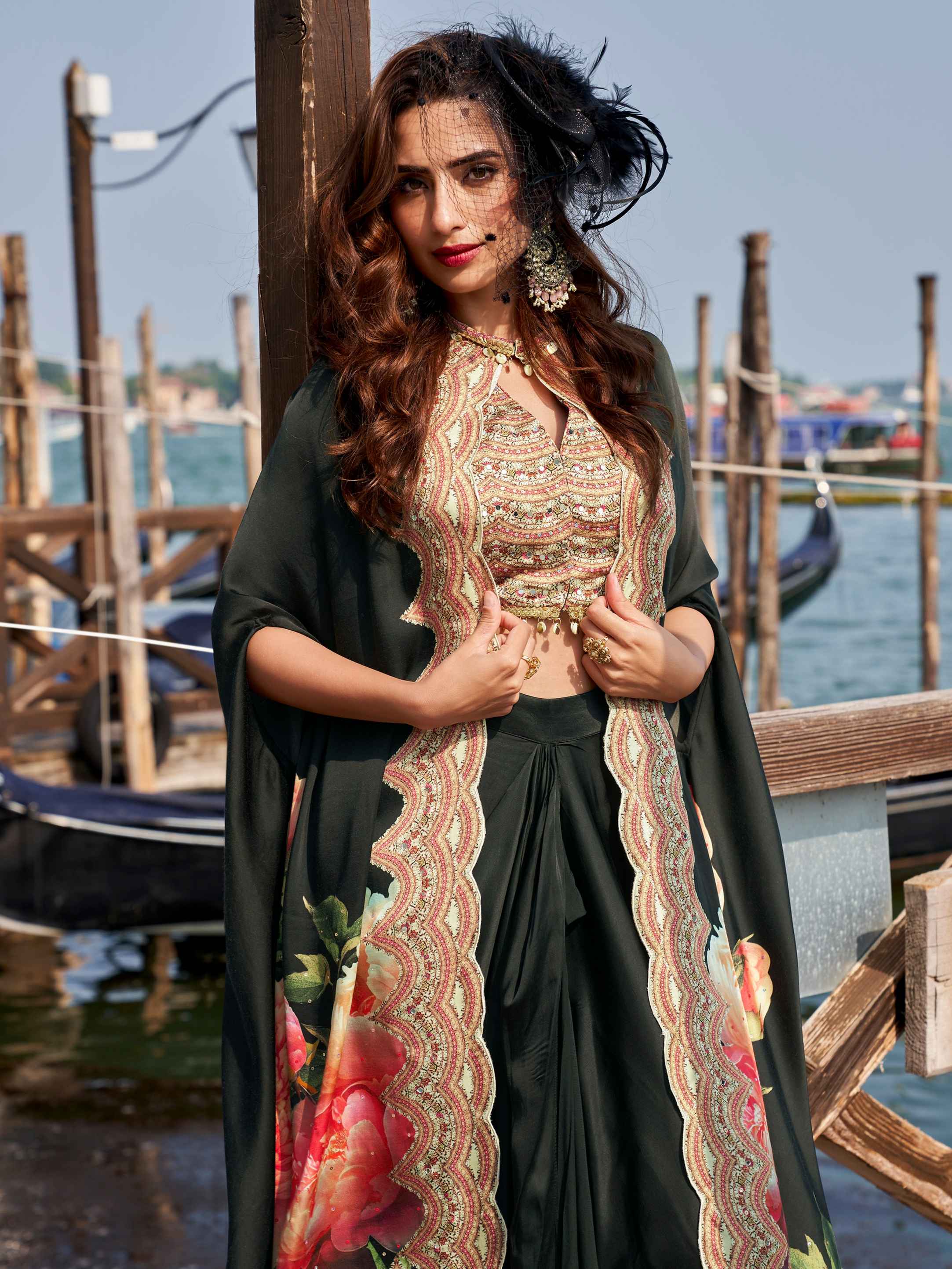 Black French Crepe Silk Designer Dhoti Set with Embroidered Blouse