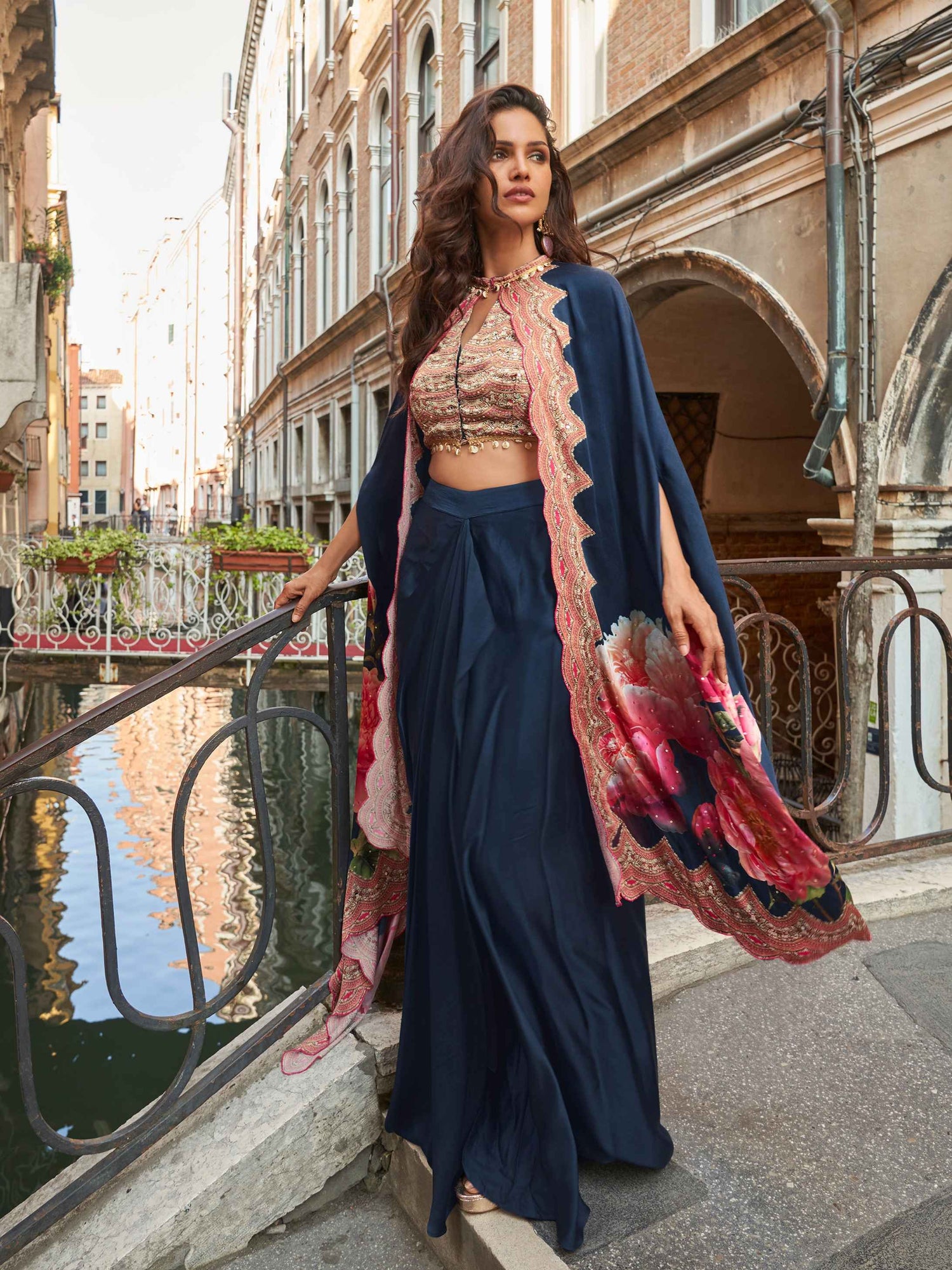 Navy Blue French Crepe Silk Dhoti Set with Embellished Blouse Dhoti Set Anant Tex Exports Pvt.Ltd..