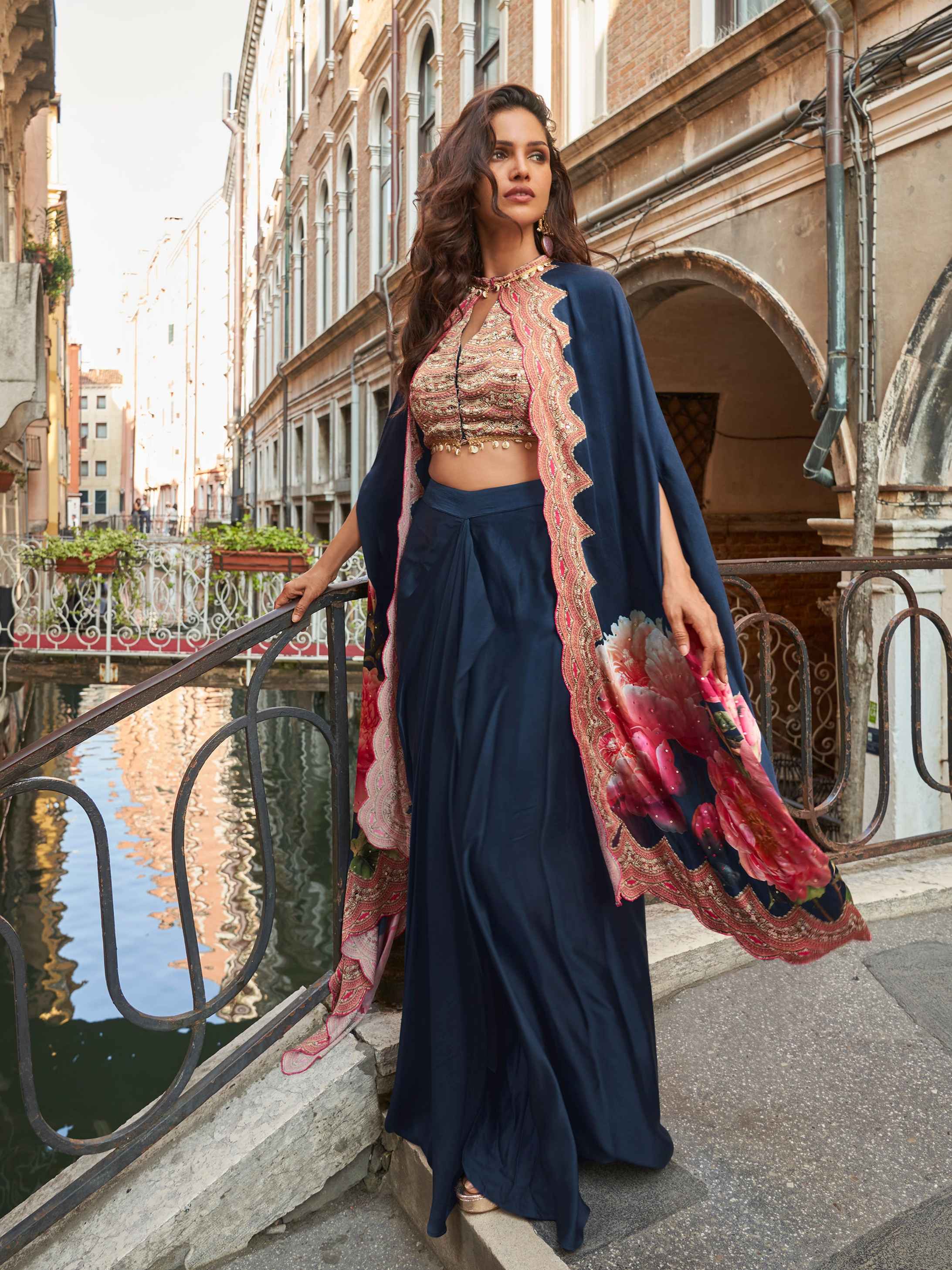 Navy Blue French Crepe Silk Dhoti Set with Embellished Blouse