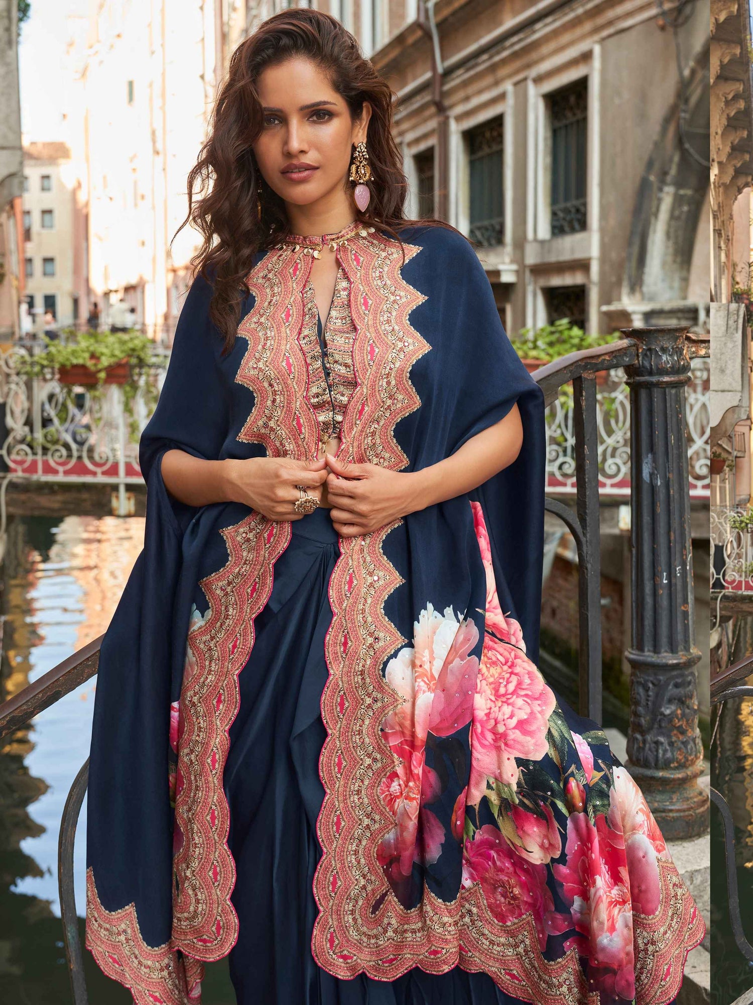 Navy Blue French Crepe Silk Dhoti Set with Embellished Blouse Dhoti Set Anant Tex Exports Pvt.Ltd..
