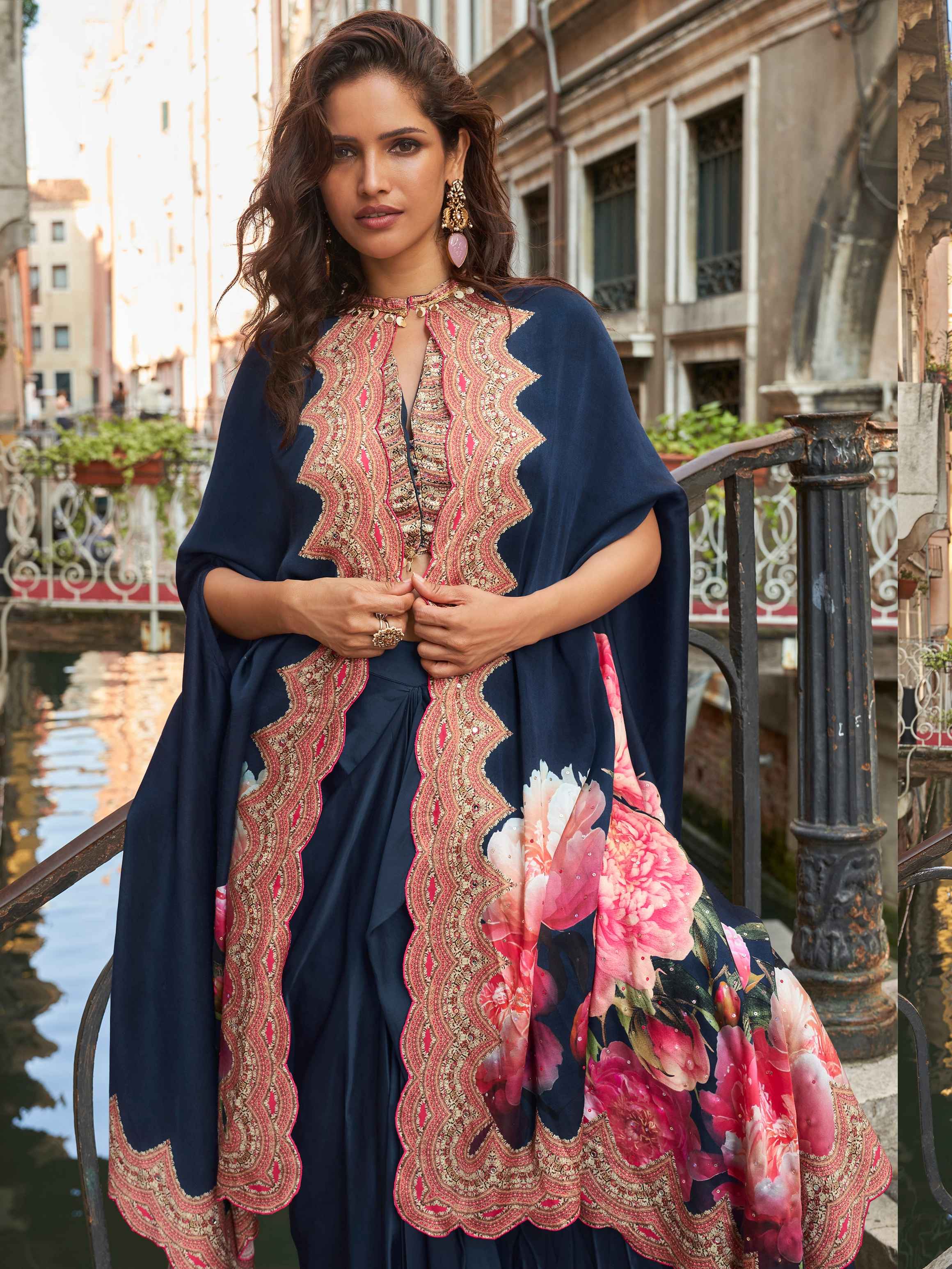 Navy Blue French Crepe Silk Dhoti Set with Embellished Blouse Dhoti Set Anant Tex Exports Pvt.Ltd..