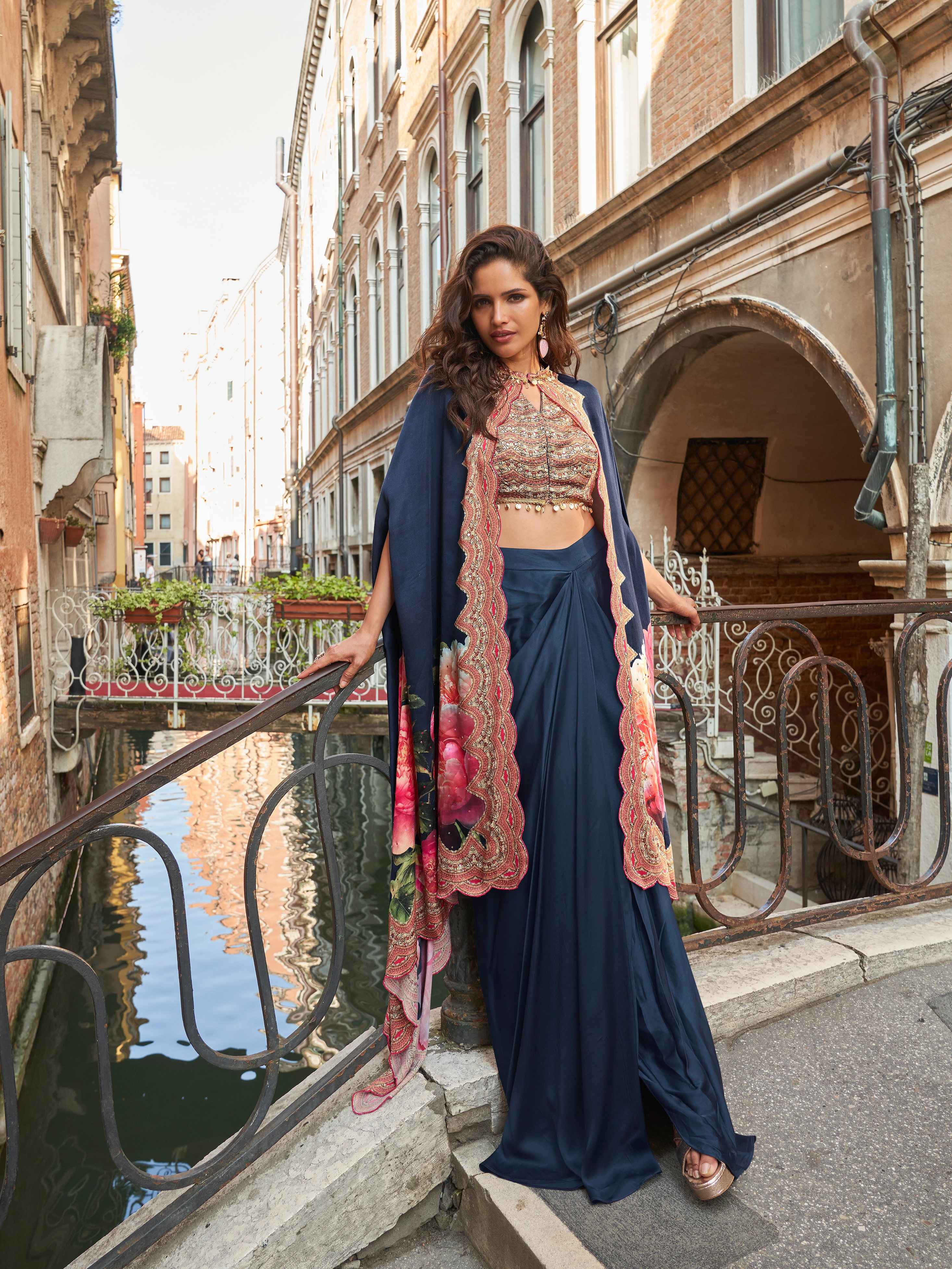 Navy Blue French Crepe Silk Dhoti Set with Embellished Blouse