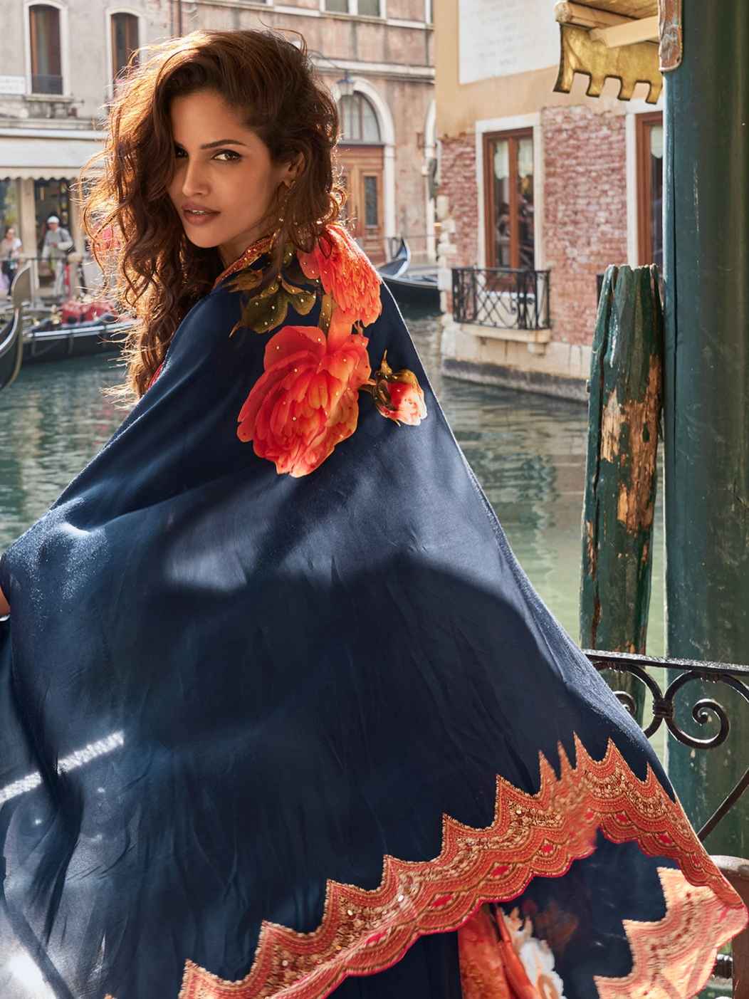 Navy Blue French Crepe Silk Dhoti Set with Embellished Blouse Dhoti Set Anant Tex Exports Pvt.Ltd..