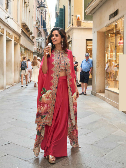Rani Pink French Crepe Silk Designer Dhoti Set with Handwork Dhoti Set Anant Tex Exports Pvt.Ltd..