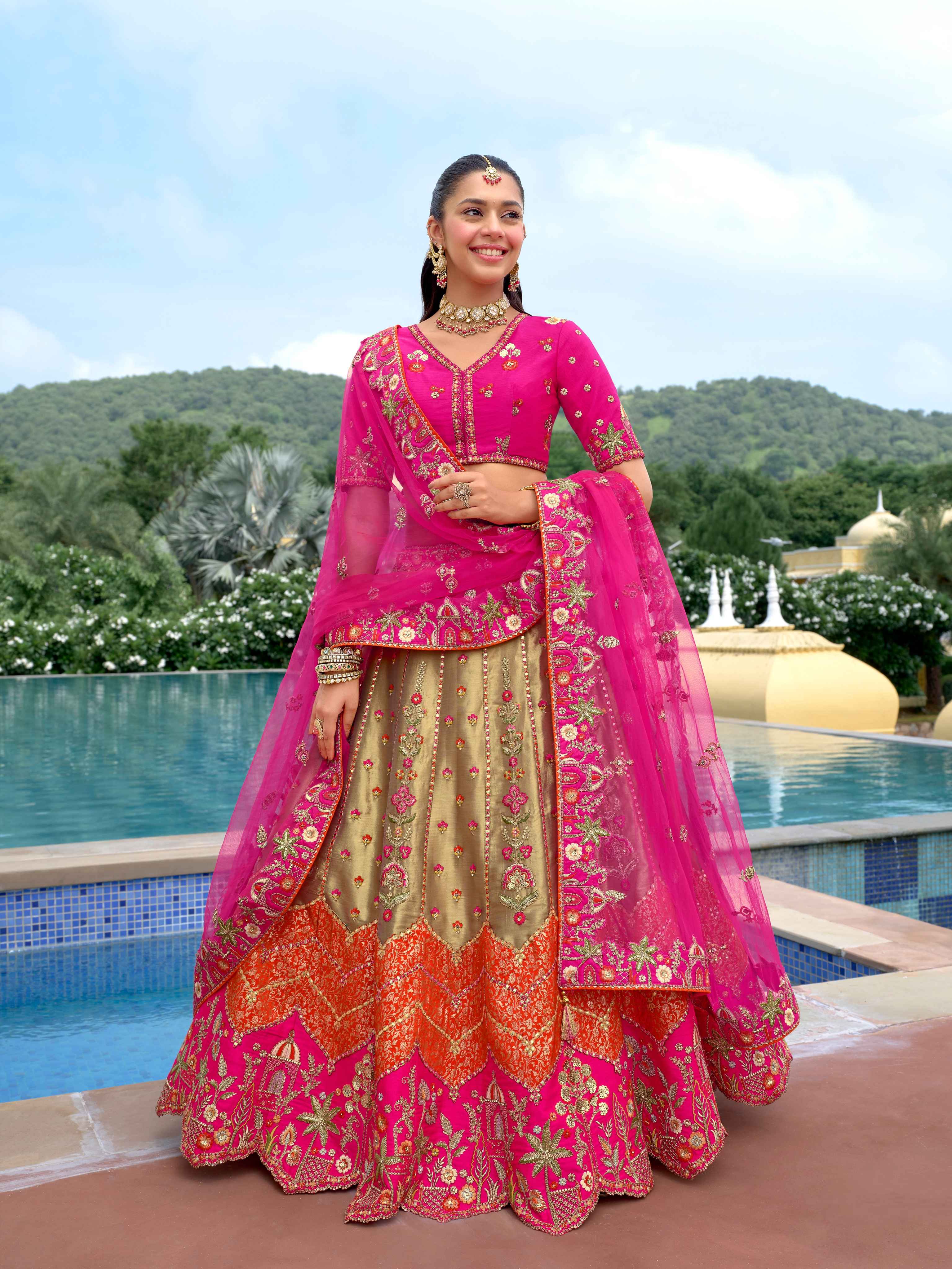 Hot Pink Silk Embroidered Lehenga with Contrast Beige Flared Skirt