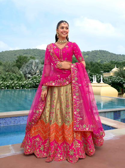 Hot Pink Silk Embroidered Lehenga with Contrast Beige Flared Skirt Silk Lehenga Anant Tex Exports Pvt.Ltd..