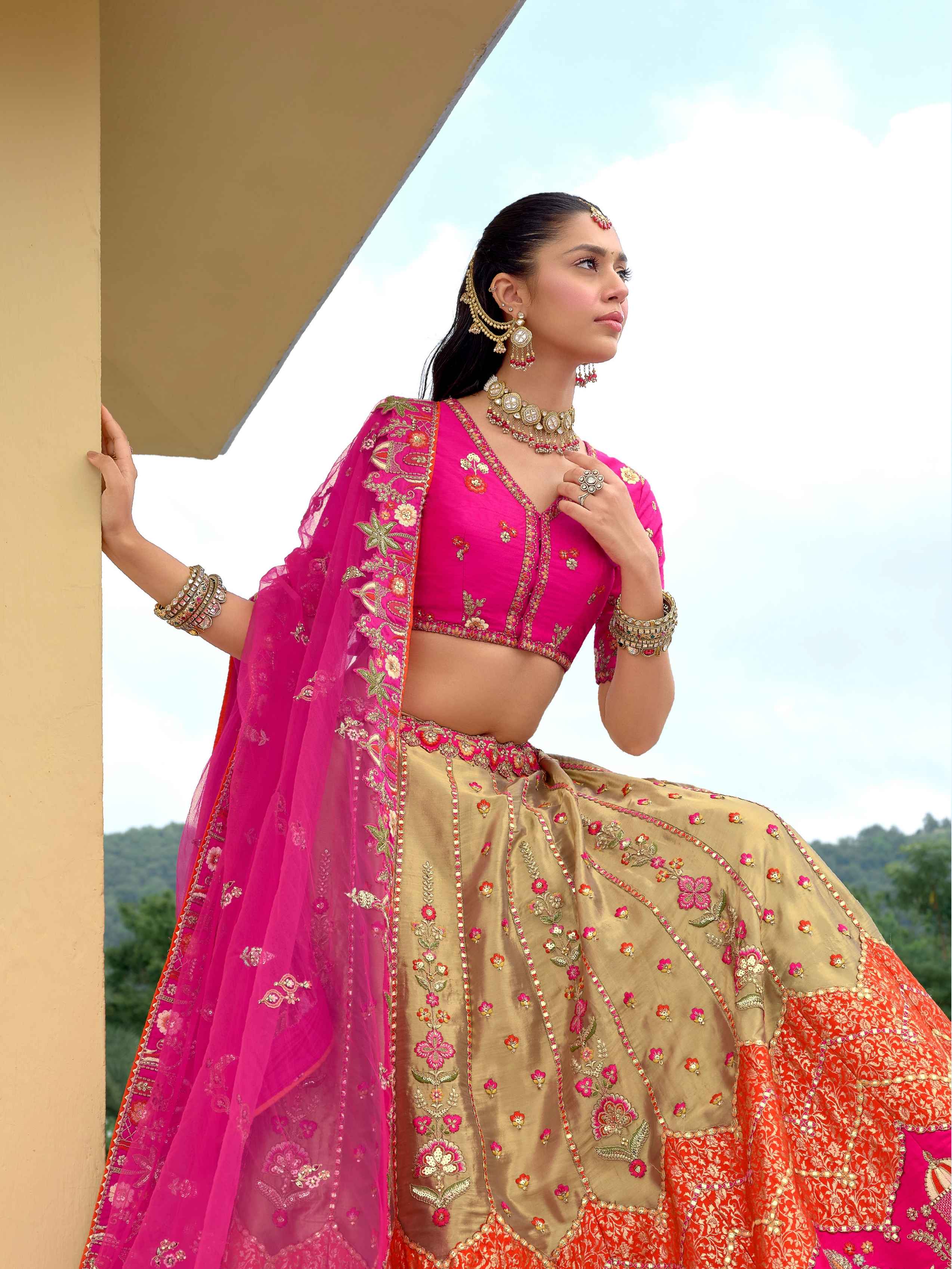 Hot Pink Silk Embroidered Lehenga with Contrast Beige Flared Skirt