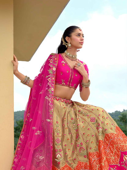 Hot Pink Silk Embroidered Lehenga with Contrast Beige Flared Skirt Silk Lehenga Anant Tex Exports Pvt.Ltd..