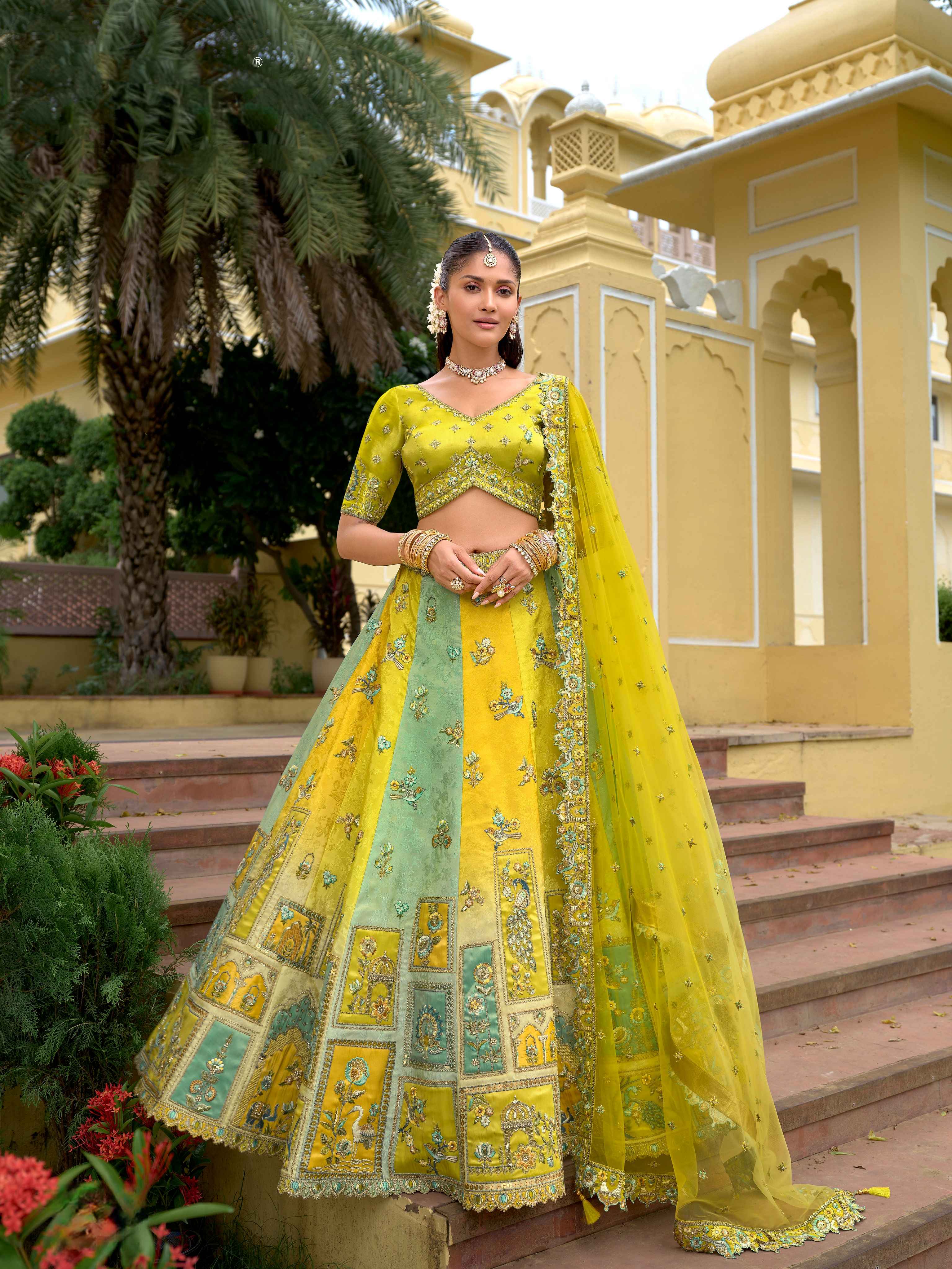 Light Yellow Printed Silk Lehenga with Embroidery & Net Dupatta