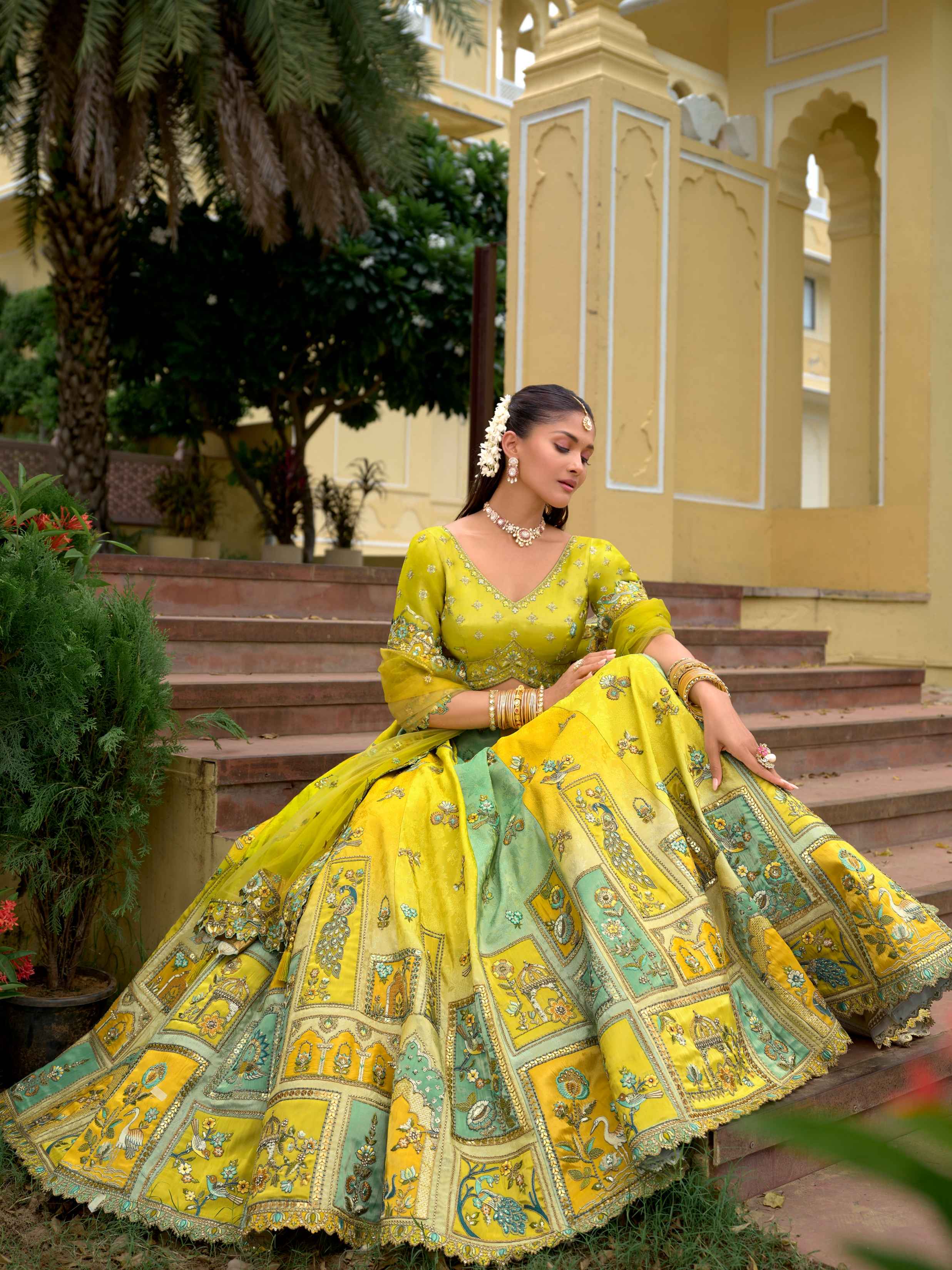 Light Yellow Printed Silk Lehenga with Embroidery & Net Dupatta