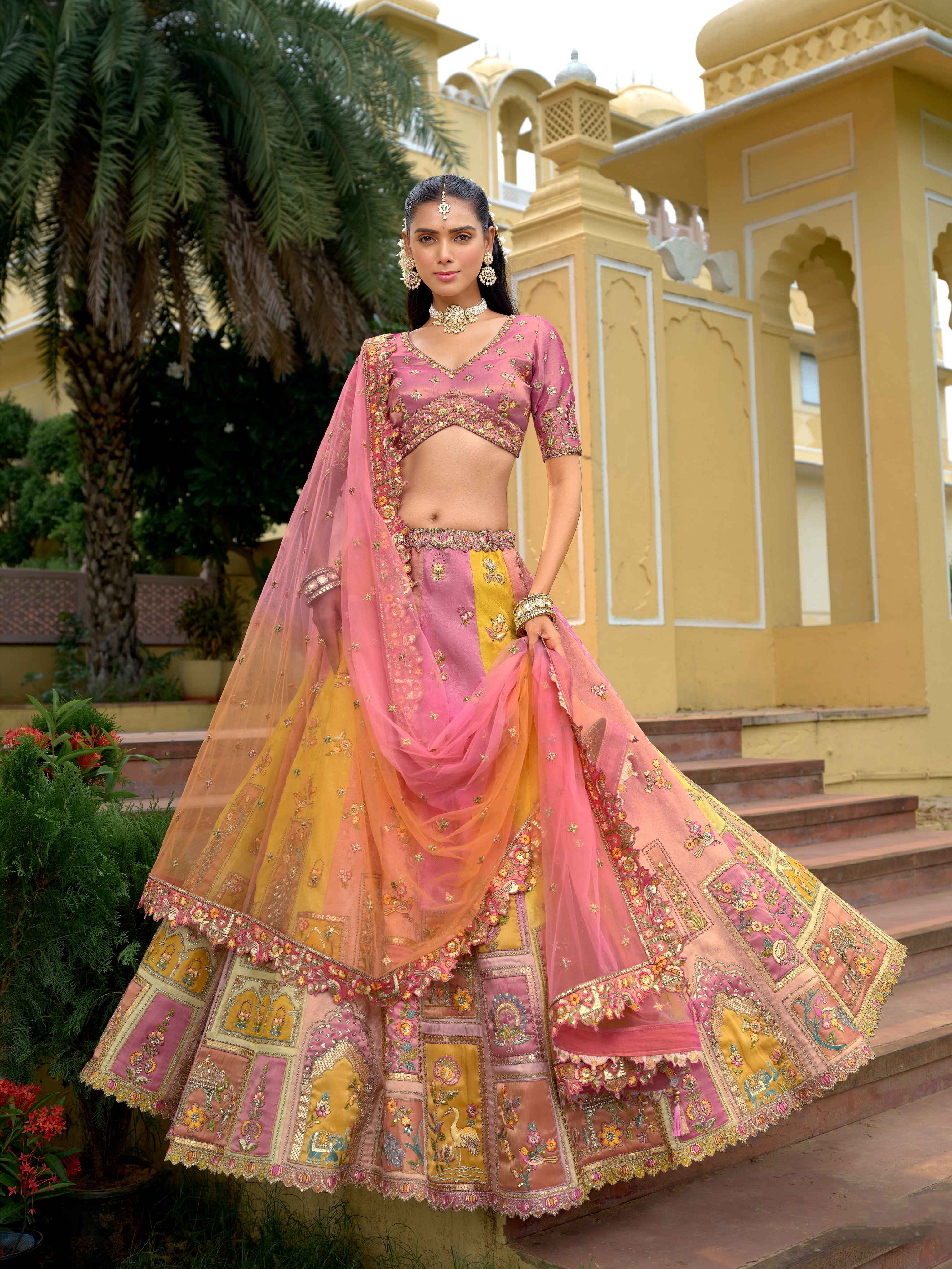 Peach Pink Printed Silk Embroidery Lehenga with Net Dupatta