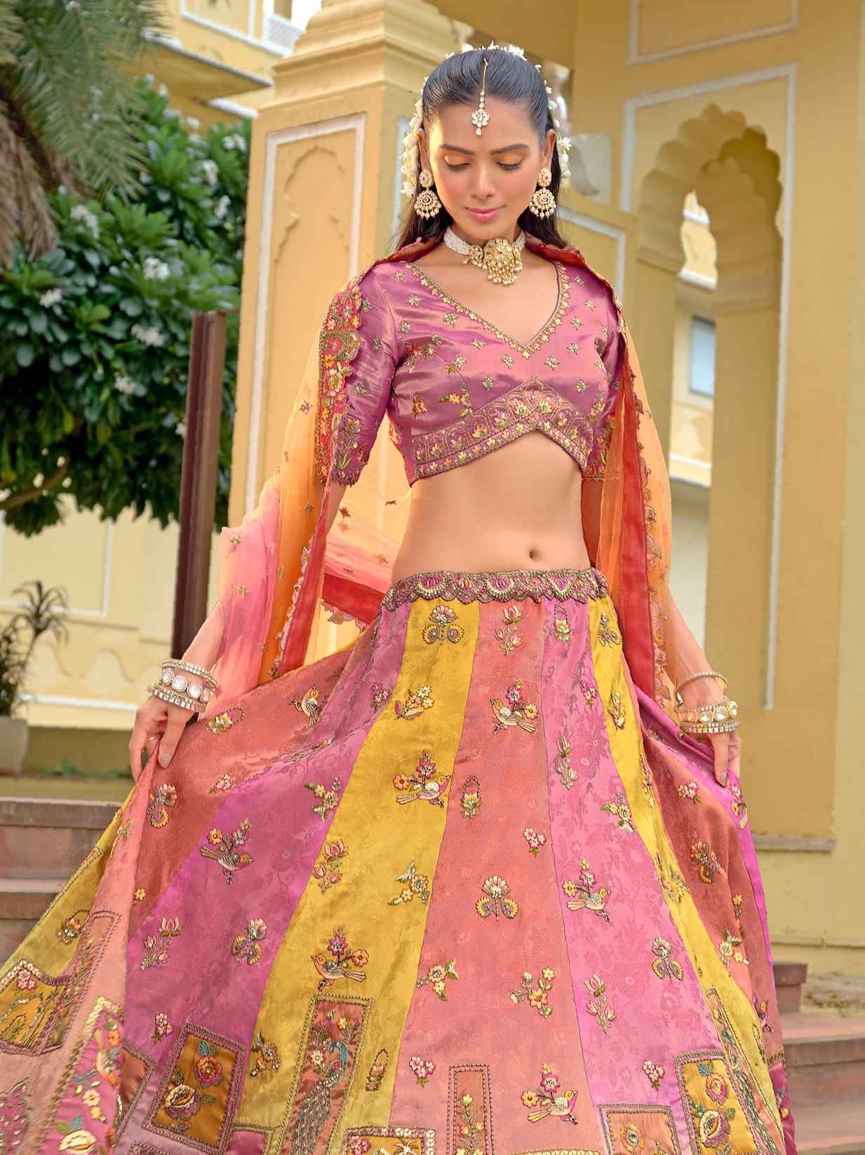 Peach Pink Printed Silk Embroidery Lehenga with Net Dupatta