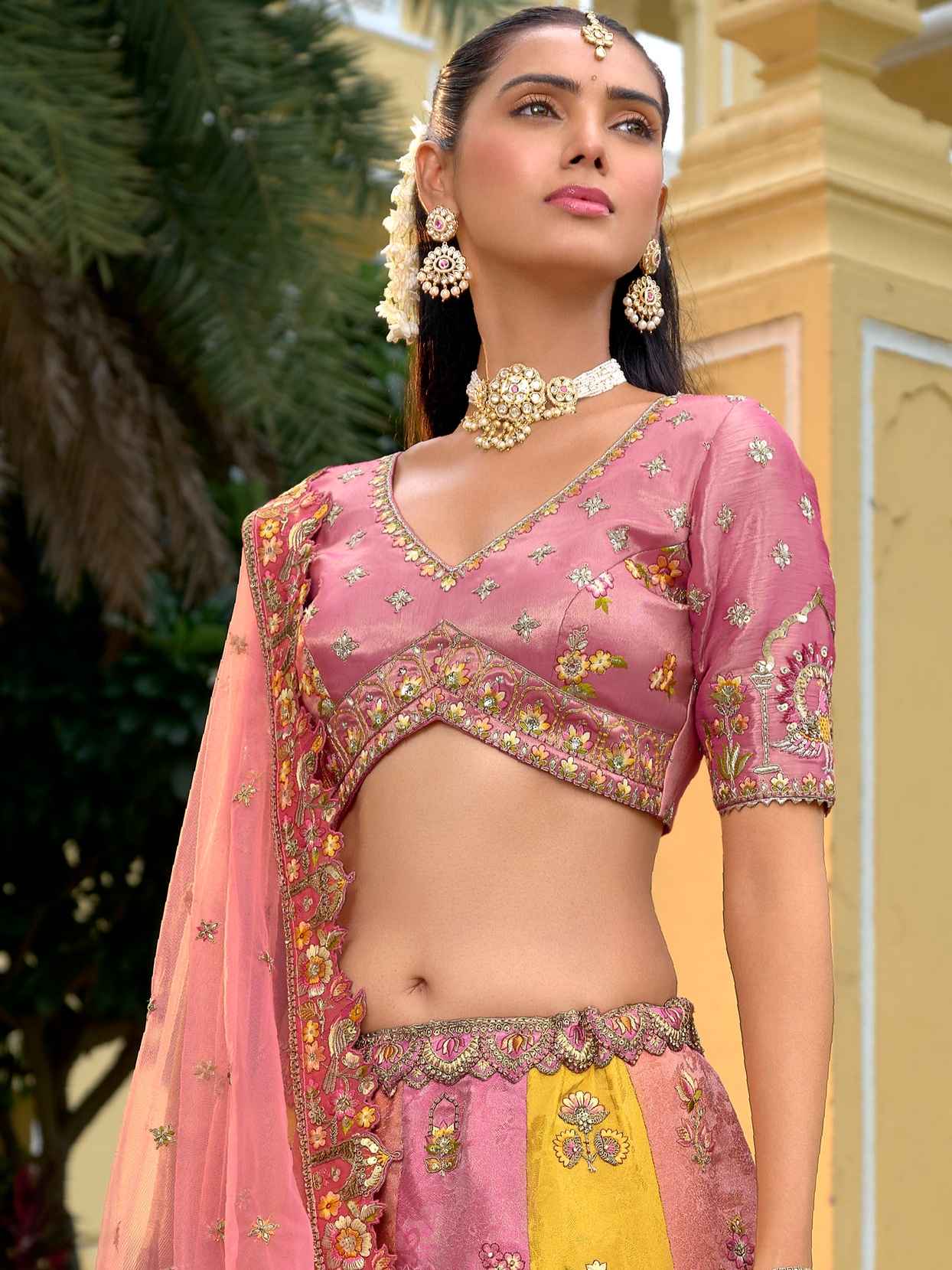 Peach Pink Printed Silk Embroidery Lehenga with Net Dupatta