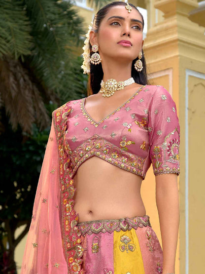 Peach Pink Printed Silk Embroidery Lehenga with Net Dupatta Silk Lehenga Anant Tex Exports Pvt.Ltd..