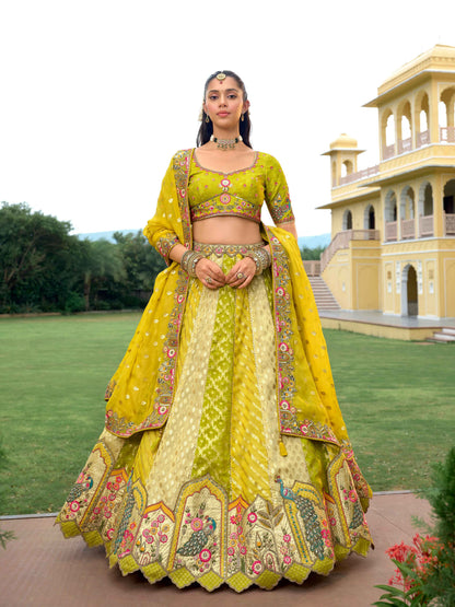 Lime Yellow Heavy Embroidered Silk Lehenga with Designer Net Dupatta Silk Lehenga Anant Tex Exports Pvt.Ltd..
