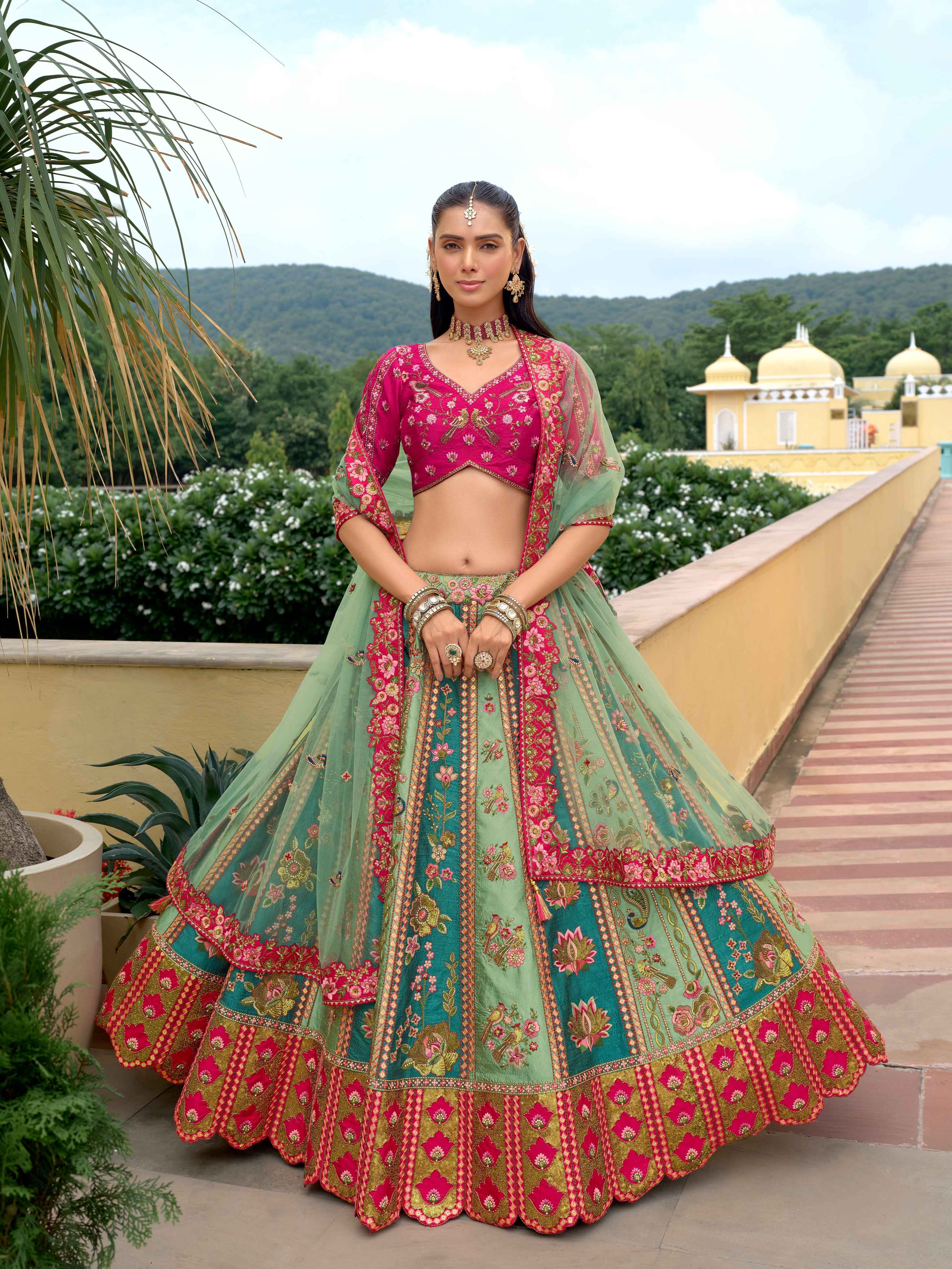 Green Multi-Panel Silk Embroidered Lehenga with Pink Accents