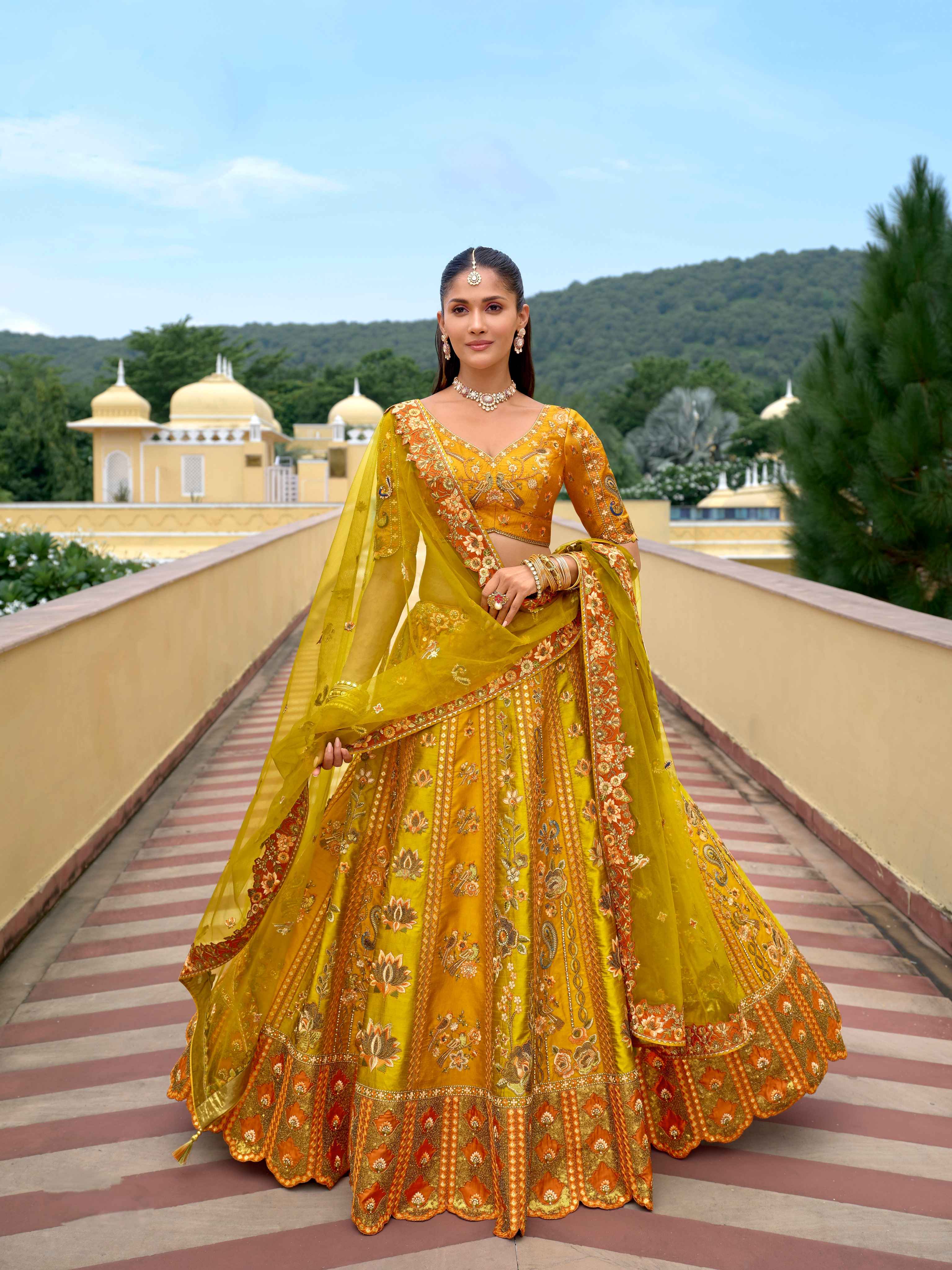 Golden Mustard Silk Lehenga with Heavy Embroidery & Net Dupatta