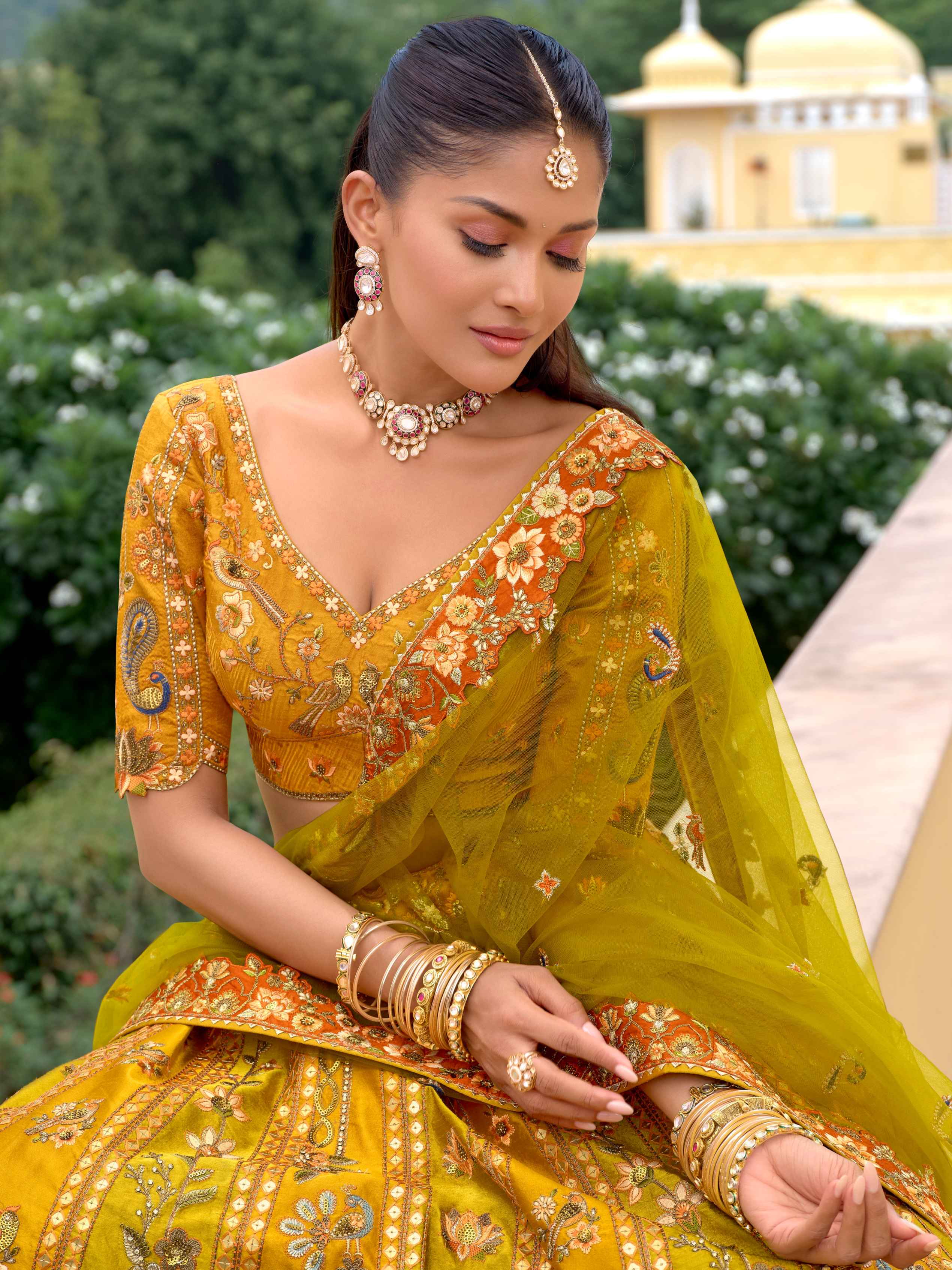 Golden Mustard Silk Lehenga with Heavy Embroidery & Net Dupatta