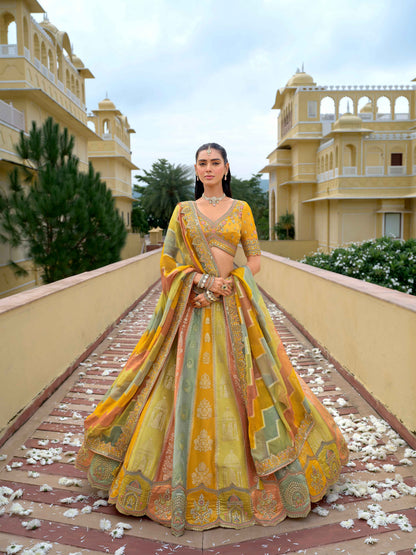 Olive Green Fancy Silk Lehenga with Intricate Embroidery Silk Lehenga Anant Tex Exports Pvt.Ltd..