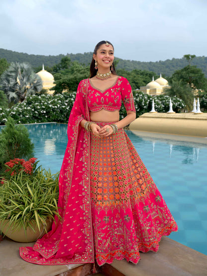 Rani Pink Printed Silk Embroidered Lehenga with Designer Blouse Silk Lehenga Anant Tex Exports Pvt.Ltd..
