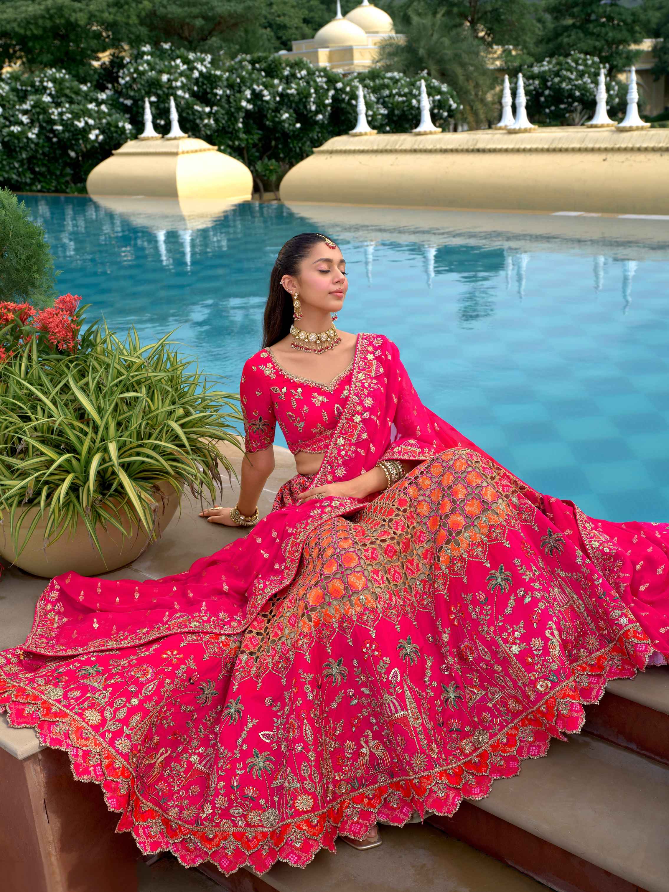 Rani Pink Printed Silk Embroidered Lehenga with Designer Blouse Silk Lehenga Anant Tex Exports Pvt.Ltd..