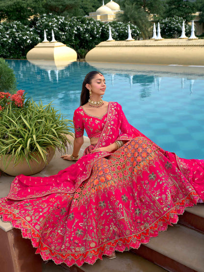 Rani Pink Printed Silk Embroidered Lehenga with Designer Blouse Silk Lehenga Anant Tex Exports Pvt.Ltd..