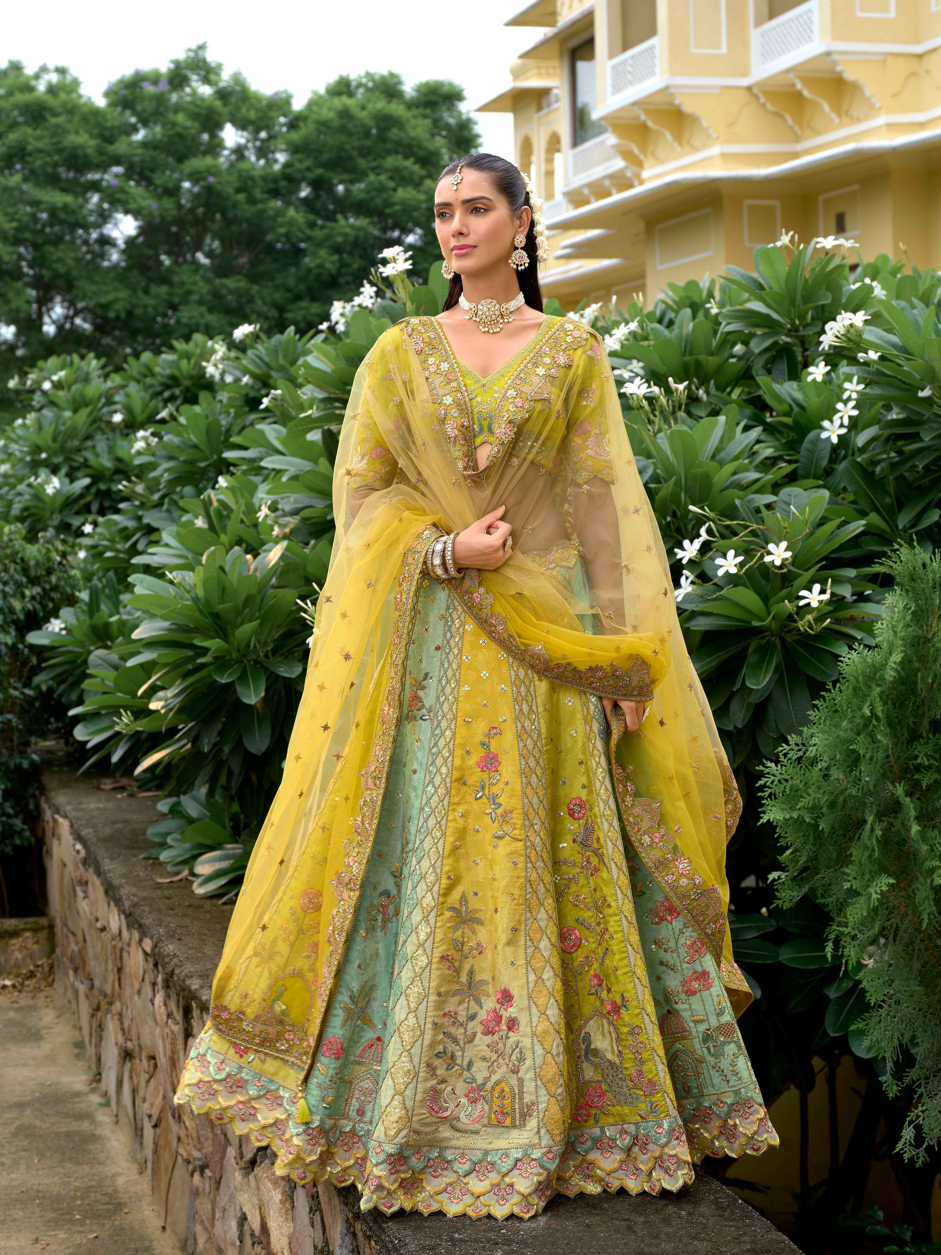 Mustard Yellow Silk Floral Embroidery Lehenga with Net Dupatta