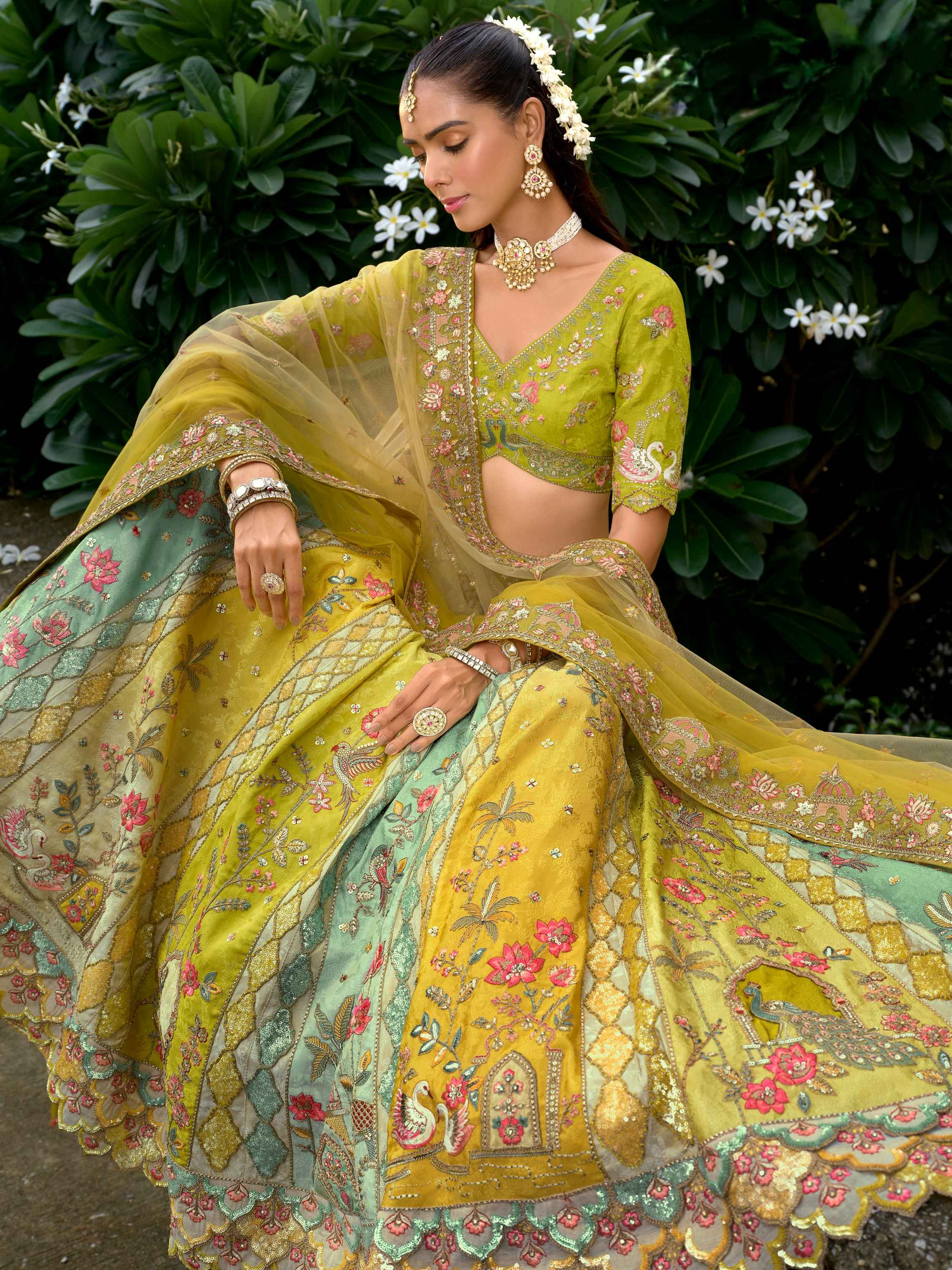 Mustard Yellow Silk Floral Embroidery Lehenga with Net Dupatta