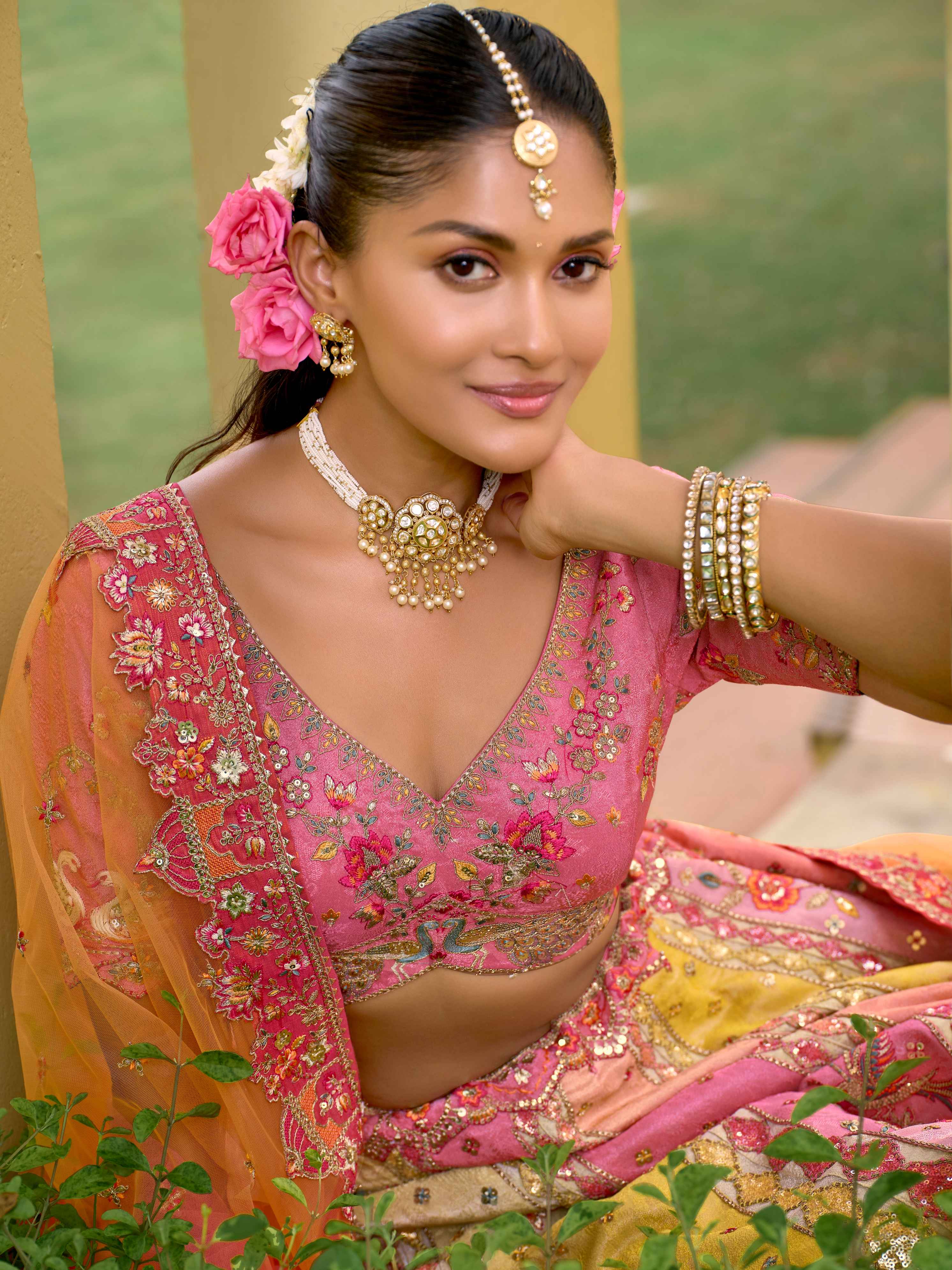 Pink & Peach Silk Embroidered Lehenga with Cutwork Border