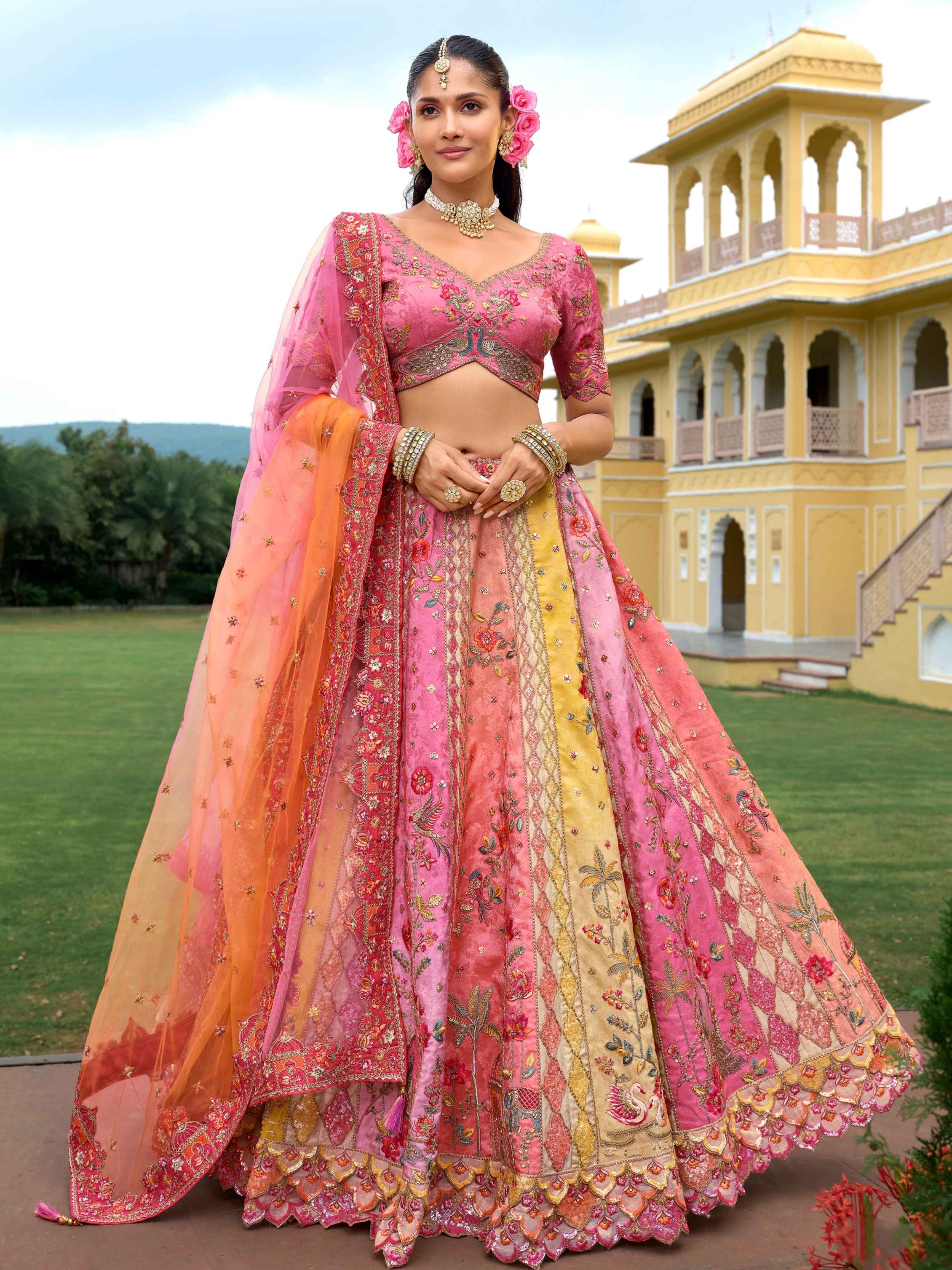 Pink & Peach Silk Embroidered Lehenga with Cutwork Border