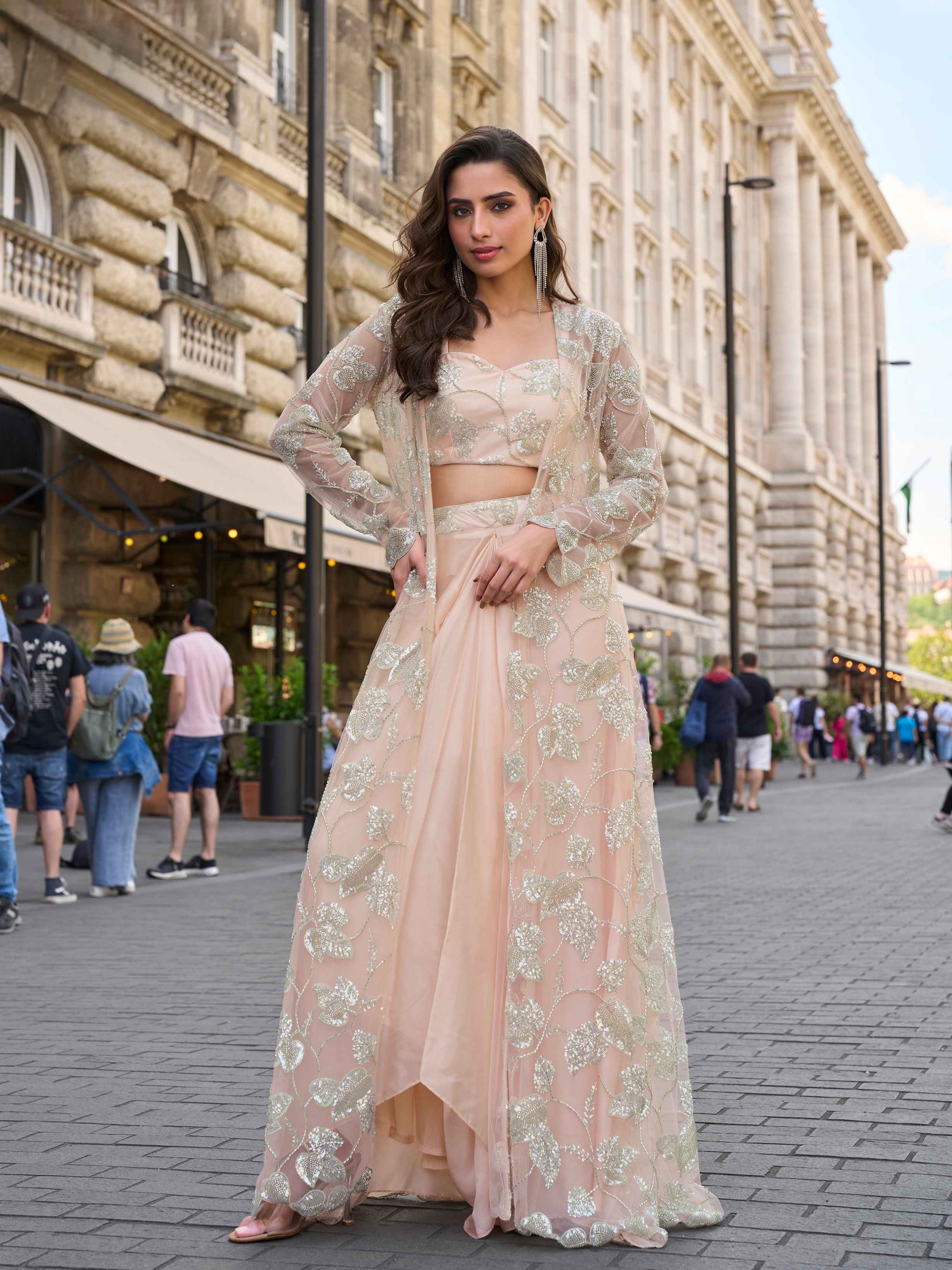 Peach Heavy Embroidered Jacket Dhoti Set in French Crepe Silk