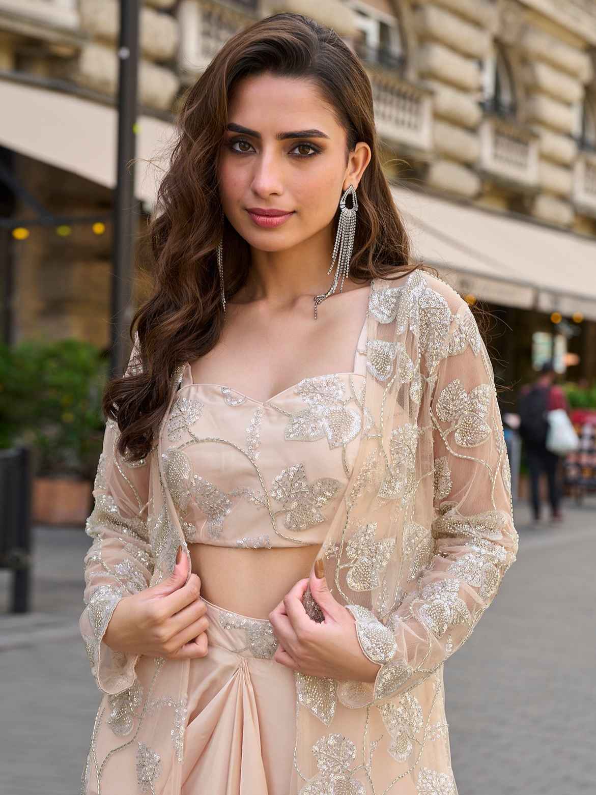 Peach Heavy Embroidered Jacket Dhoti Set in French Crepe Silk