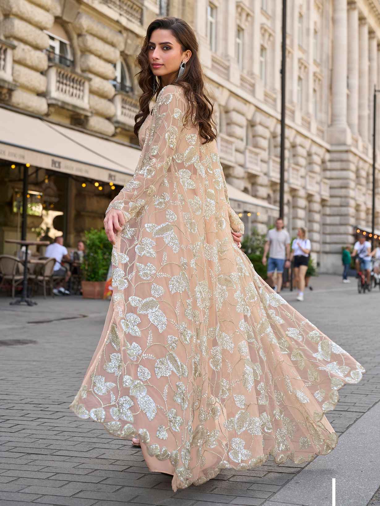 Peach Heavy Embroidered Jacket Dhoti Set in French Crepe Silk