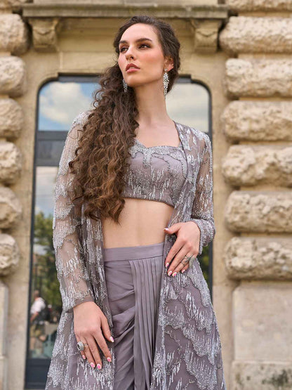 Grey Premium Embroidered Jacket &amp; Crepe Silk Dhoti Set Jacket Dhoti Set Anant Tex Exports Pvt.Ltd..