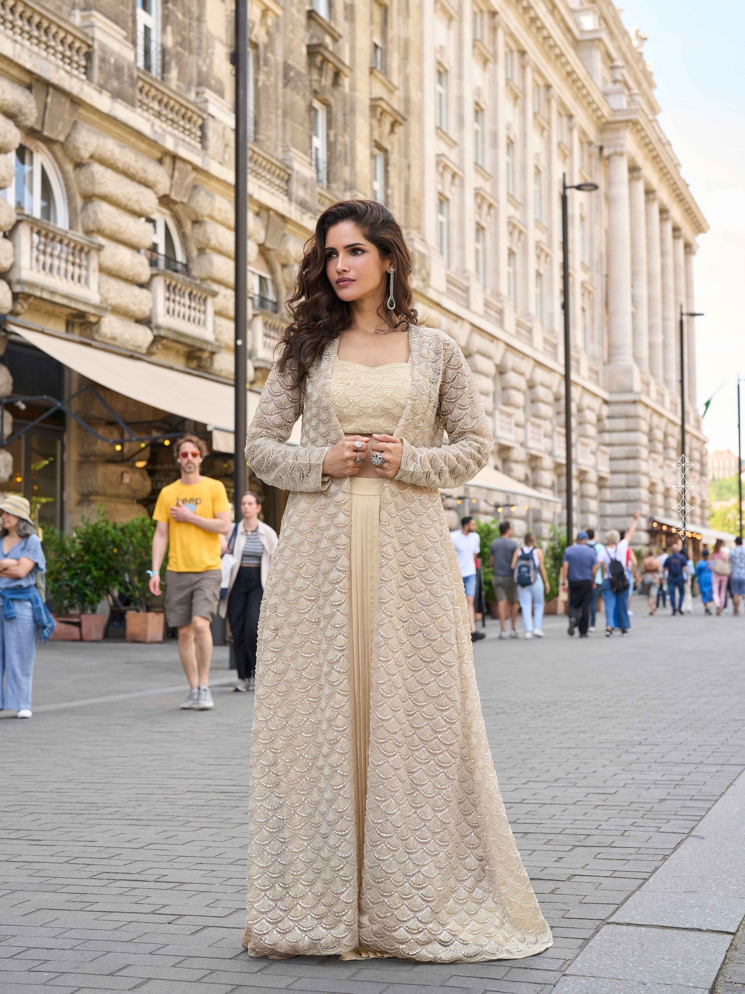 Champagne Gold Heavy Embroidered Jacket Dhoti Style Set Jacket Dhoti Set Anant Tex Exports Pvt.Ltd..