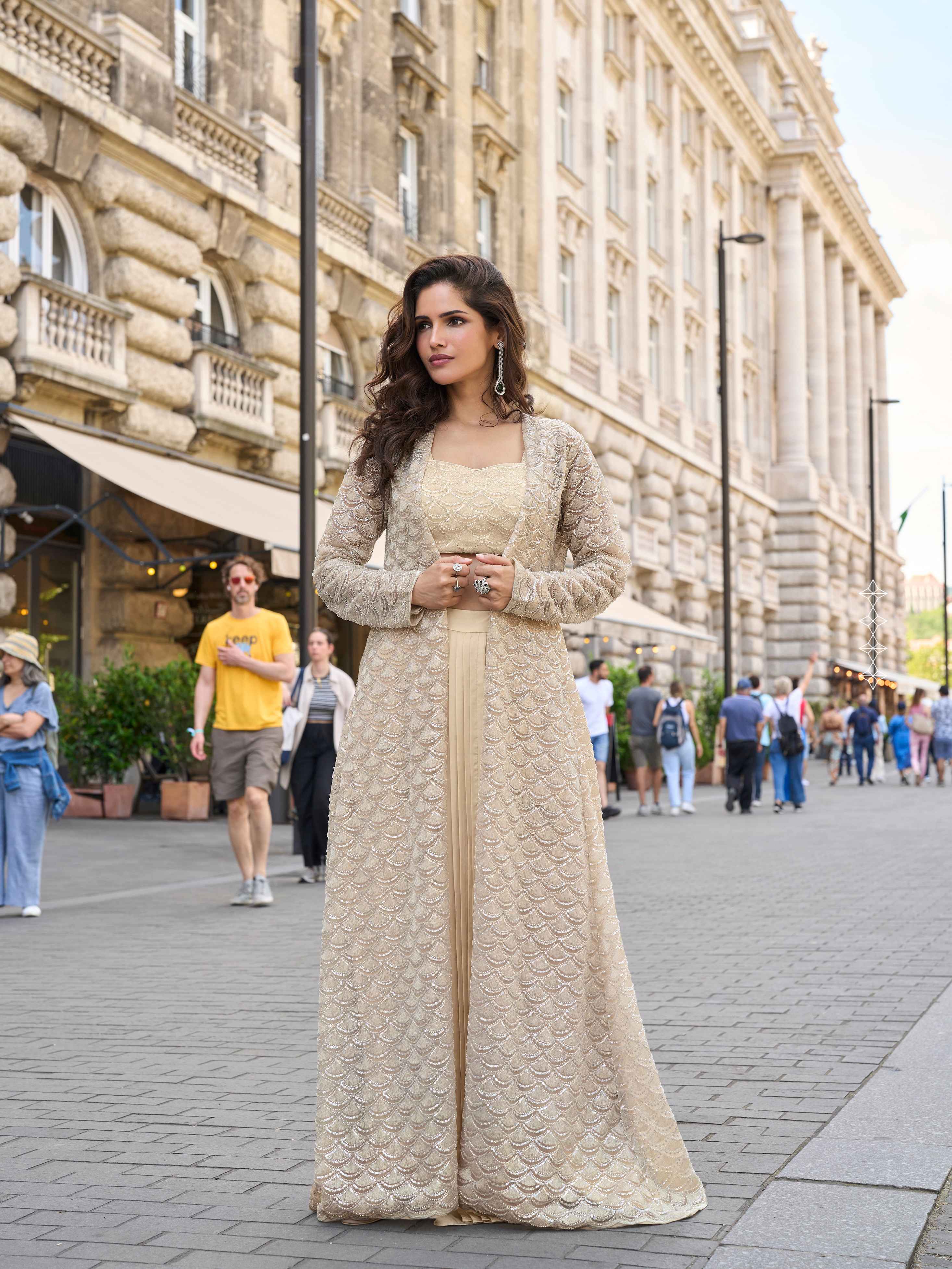 Champagne Gold Heavy Embroidered Jacket Dhoti Style Set