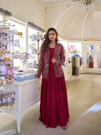 Wine Embroidered Silk Jacket Gown Set with Heavy Beads Work Jacket Gown Set Anant Tex Exports Pvt.Ltd..