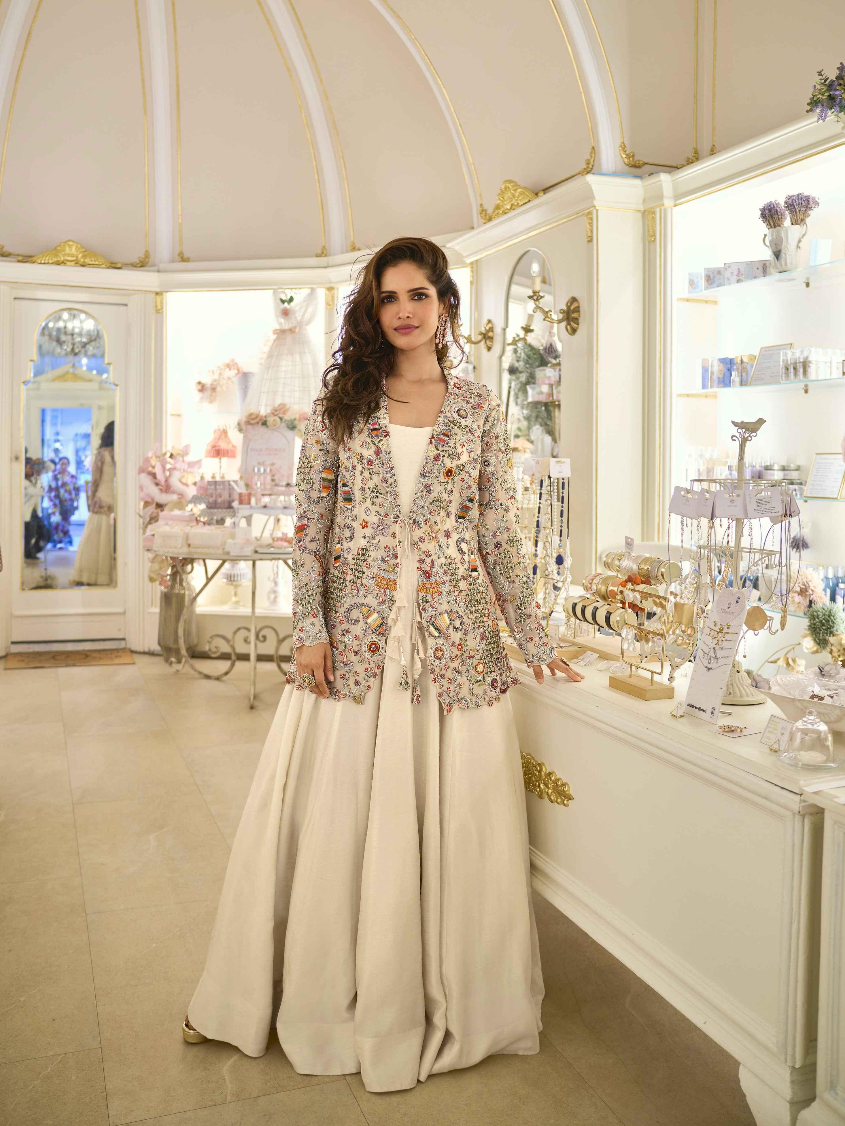 Cream Heavy Embroidered Silk Jacket Gown Set