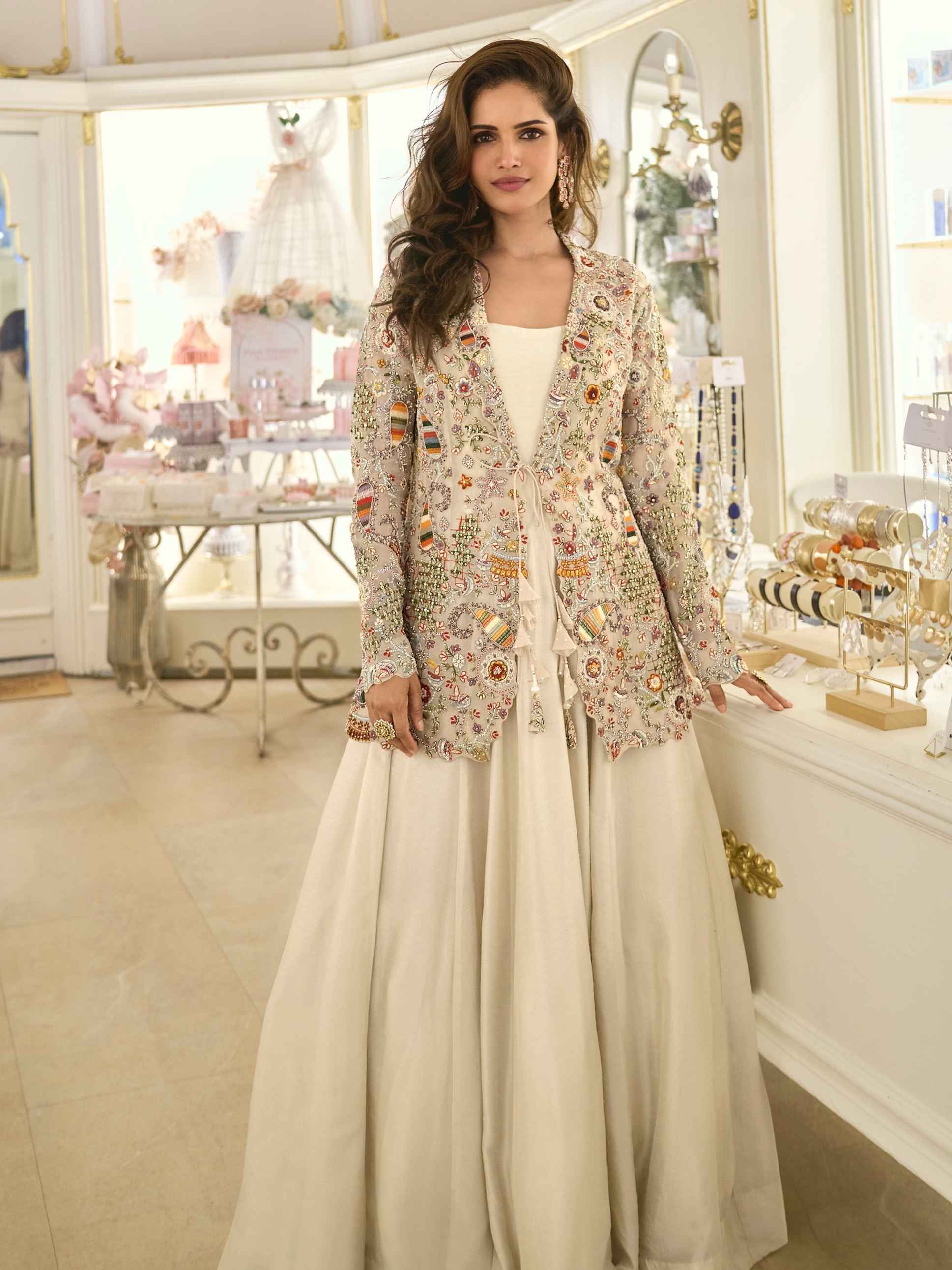 Cream Heavy Embroidered Silk Jacket Gown Set