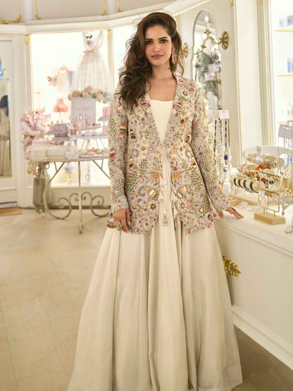 Cream Heavy Embroidered Silk Jacket Gown Set Jacket Gown Set Anant Tex Exports Pvt.Ltd..