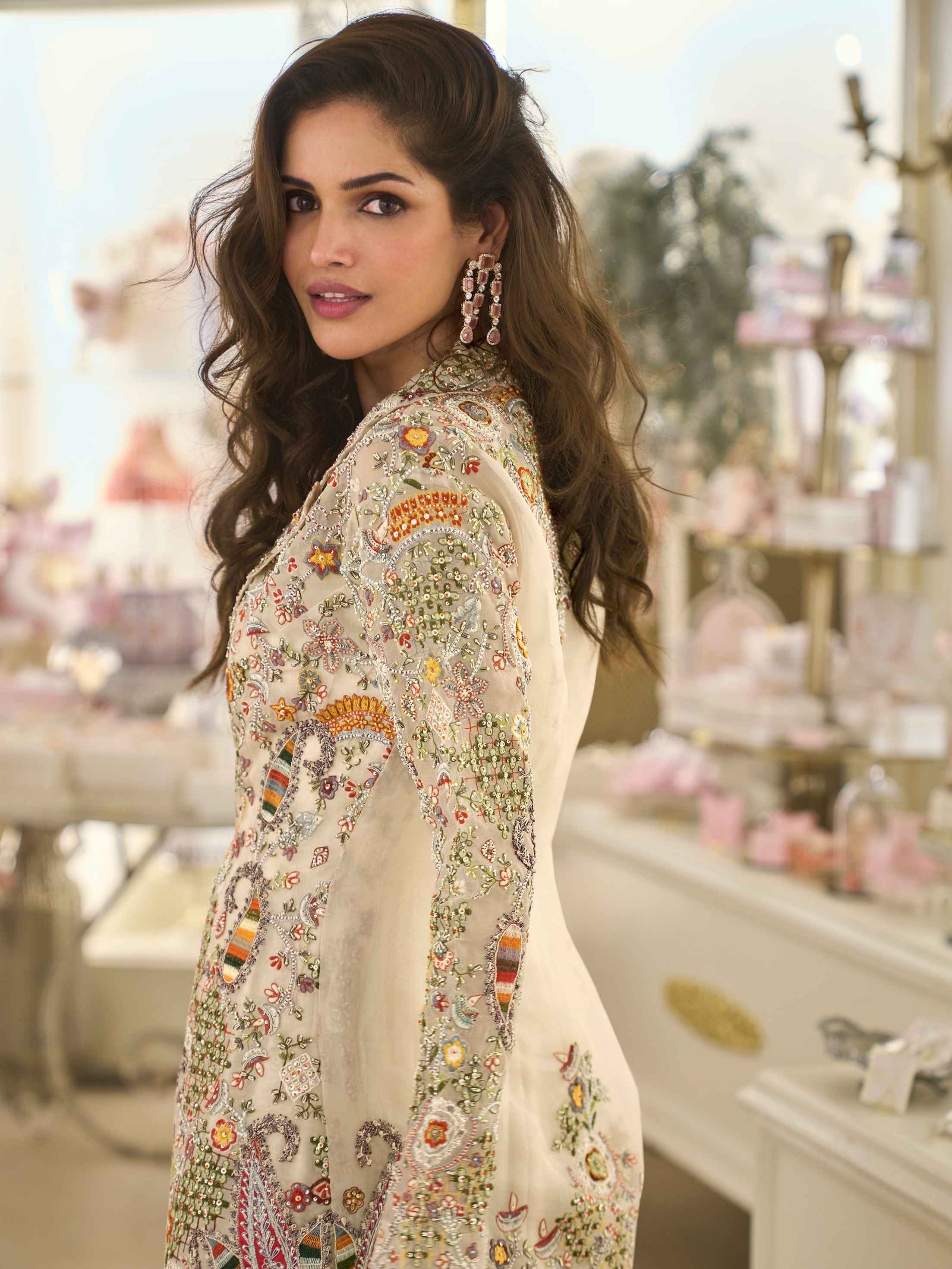 Cream Heavy Embroidered Silk Jacket Gown Set