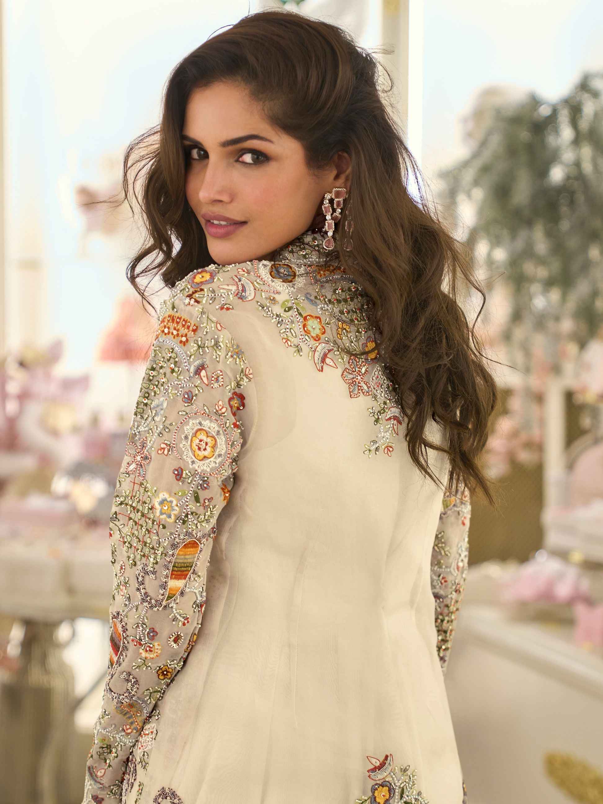 Cream Heavy Embroidered Silk Jacket Gown Set
