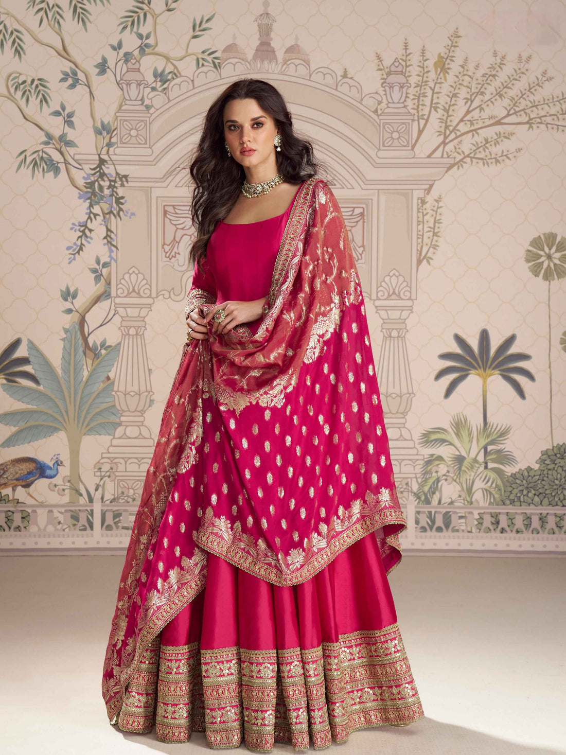 Rani Pink Silk Anarkali Gown with Heavy Jacquard Dupatta Anarkali Gown Anant Tex Exports Pvt.Ltd..