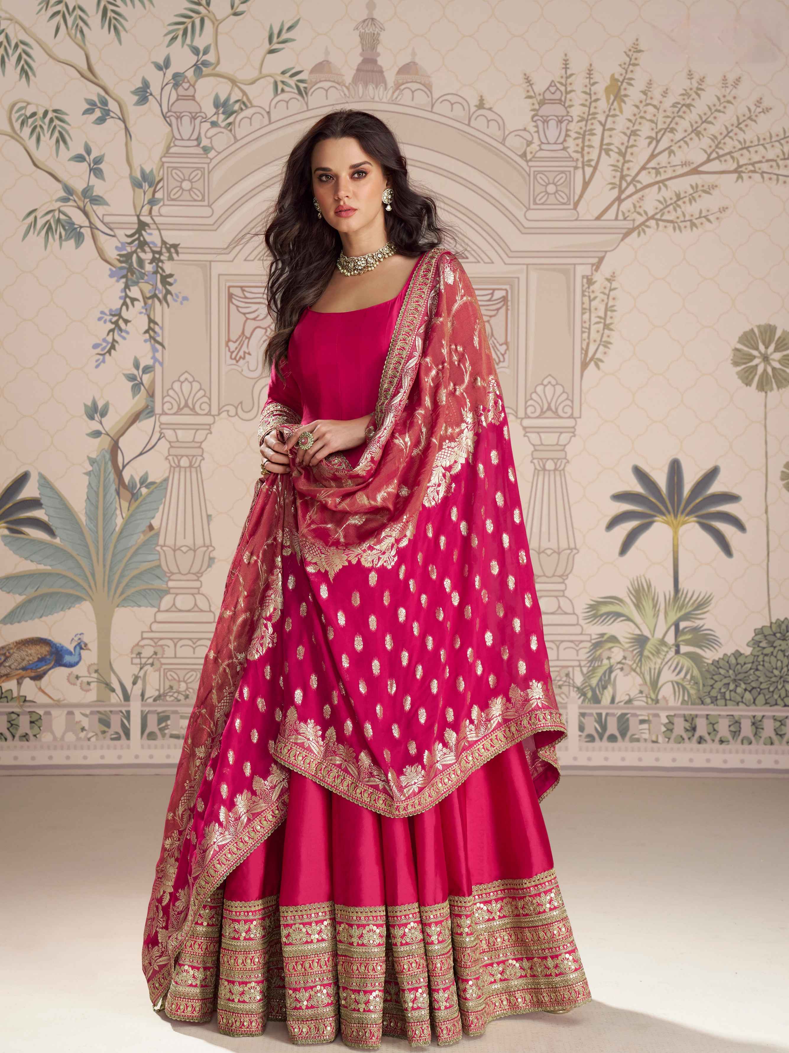 Rani Pink Silk Anarkali Gown with Heavy Jacquard Dupatta