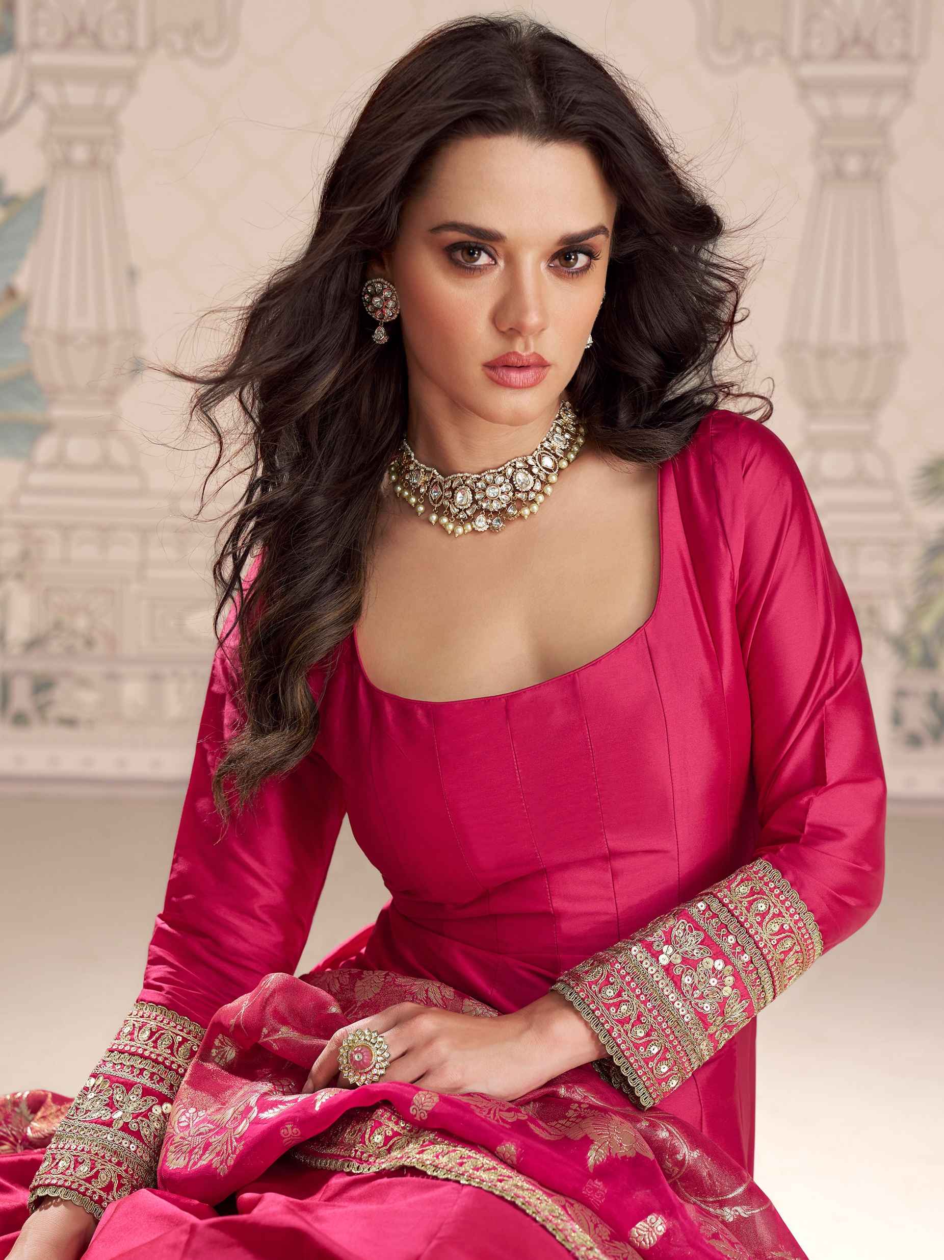 Rani Pink Silk Anarkali Gown with Heavy Jacquard Dupatta