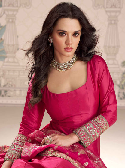 Rani Pink Silk Anarkali Gown with Heavy Jacquard Dupatta Anarkali Gown Anant Tex Exports Pvt.Ltd..