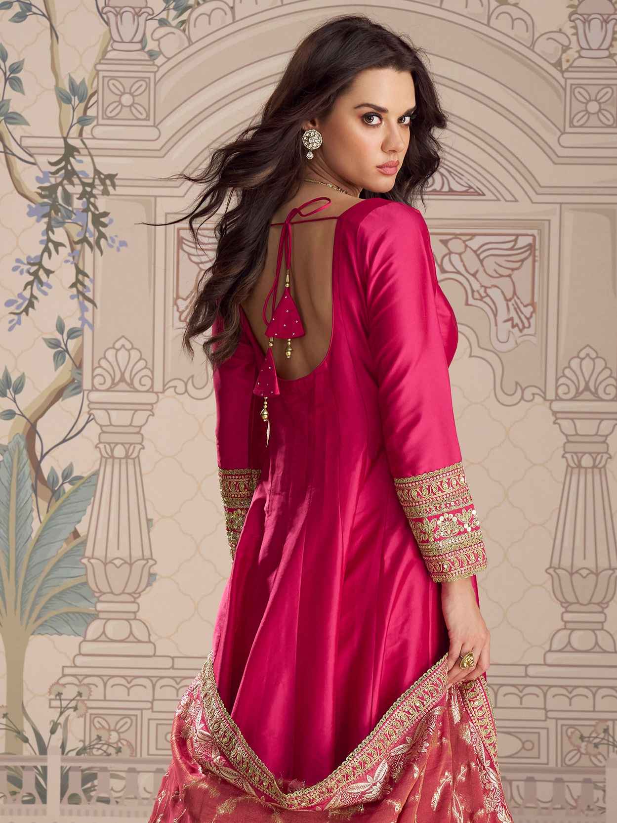 Rani Pink Silk Anarkali Gown with Heavy Jacquard Dupatta